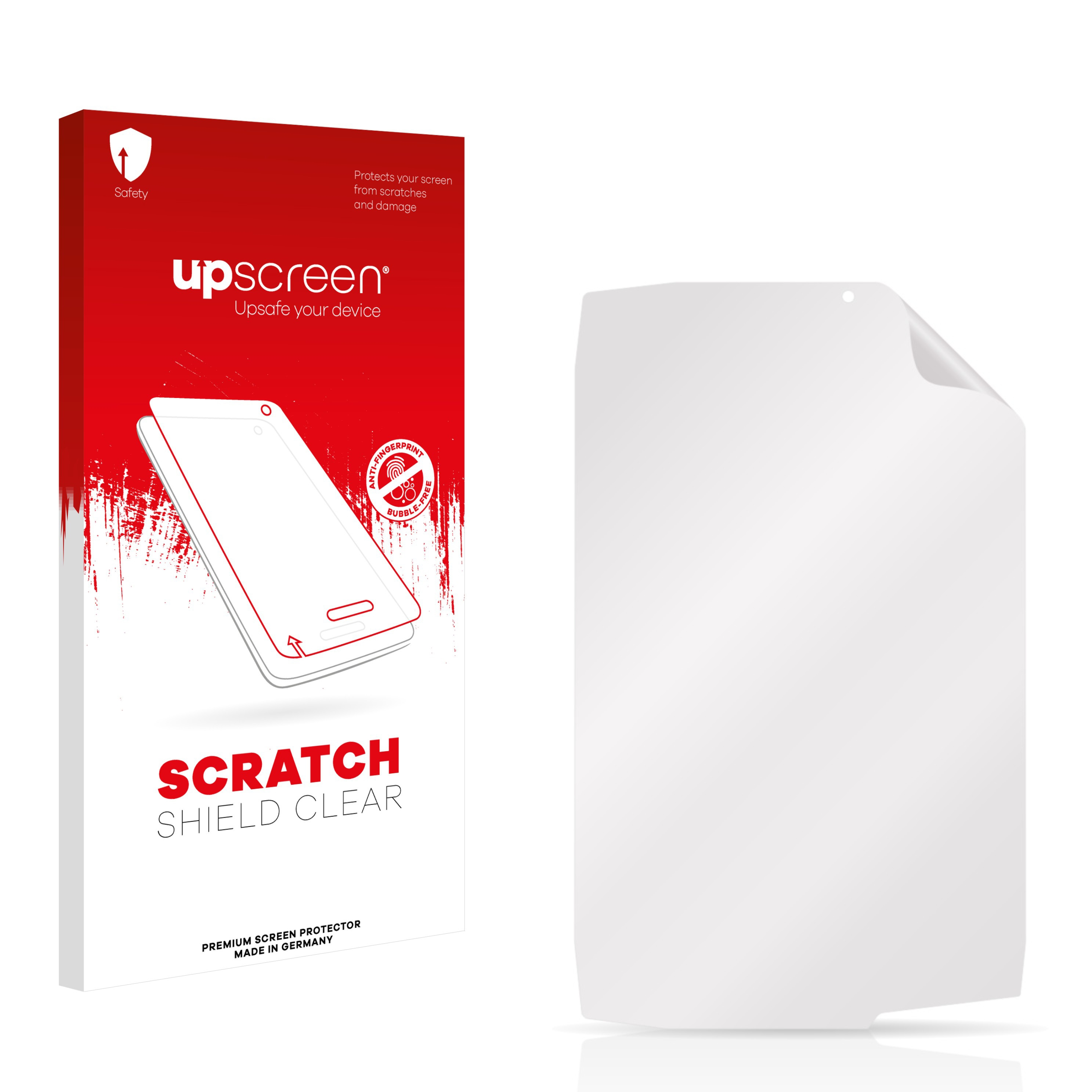 Rote Verpackung mit "upscreen" Logo und Schutzfolie daneben.