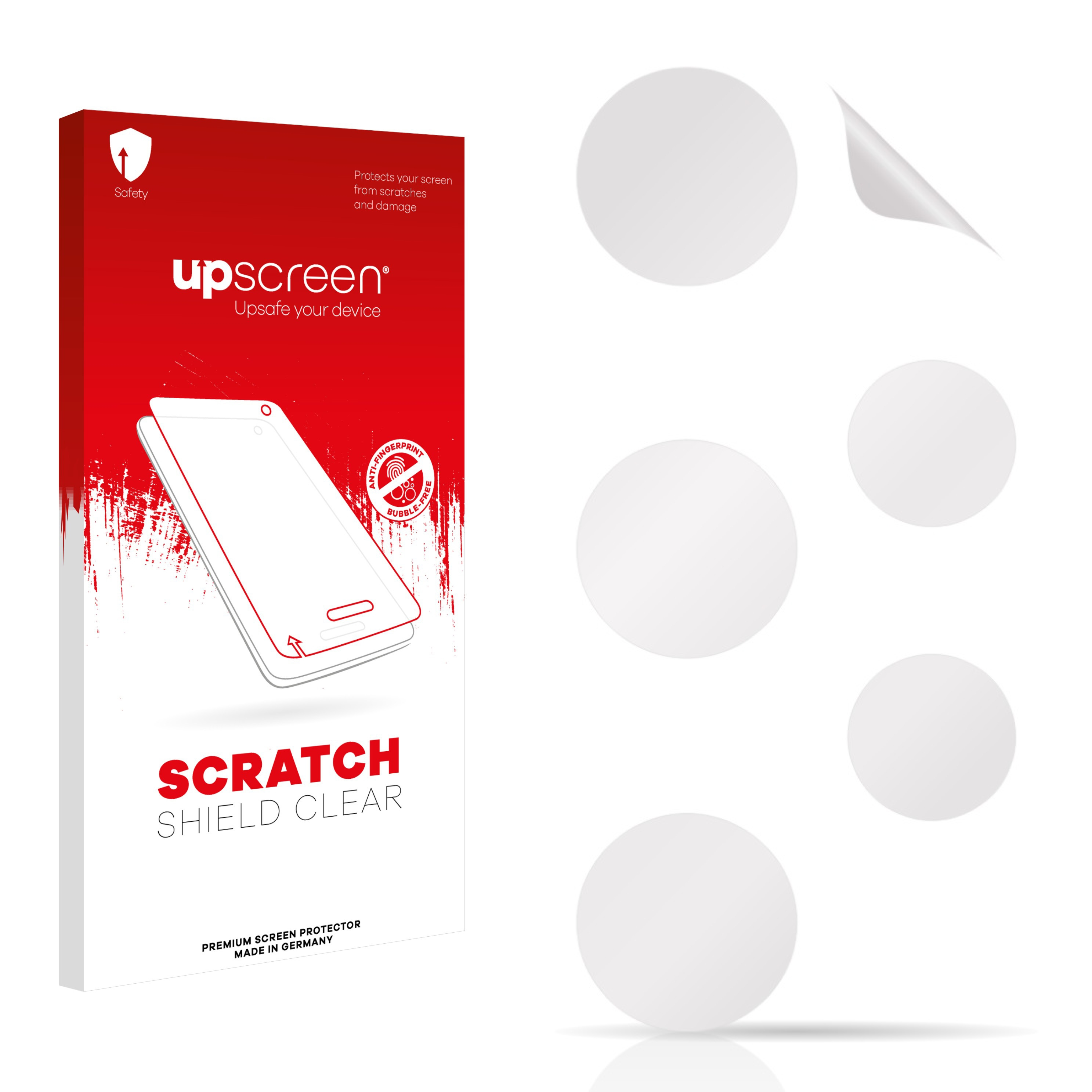 Eine rote Box mit Displayschutzfolien und einer Telefonillustration, beschriftet mit 'SCRATCH SHIELD CLEAR' und 'up screen'.