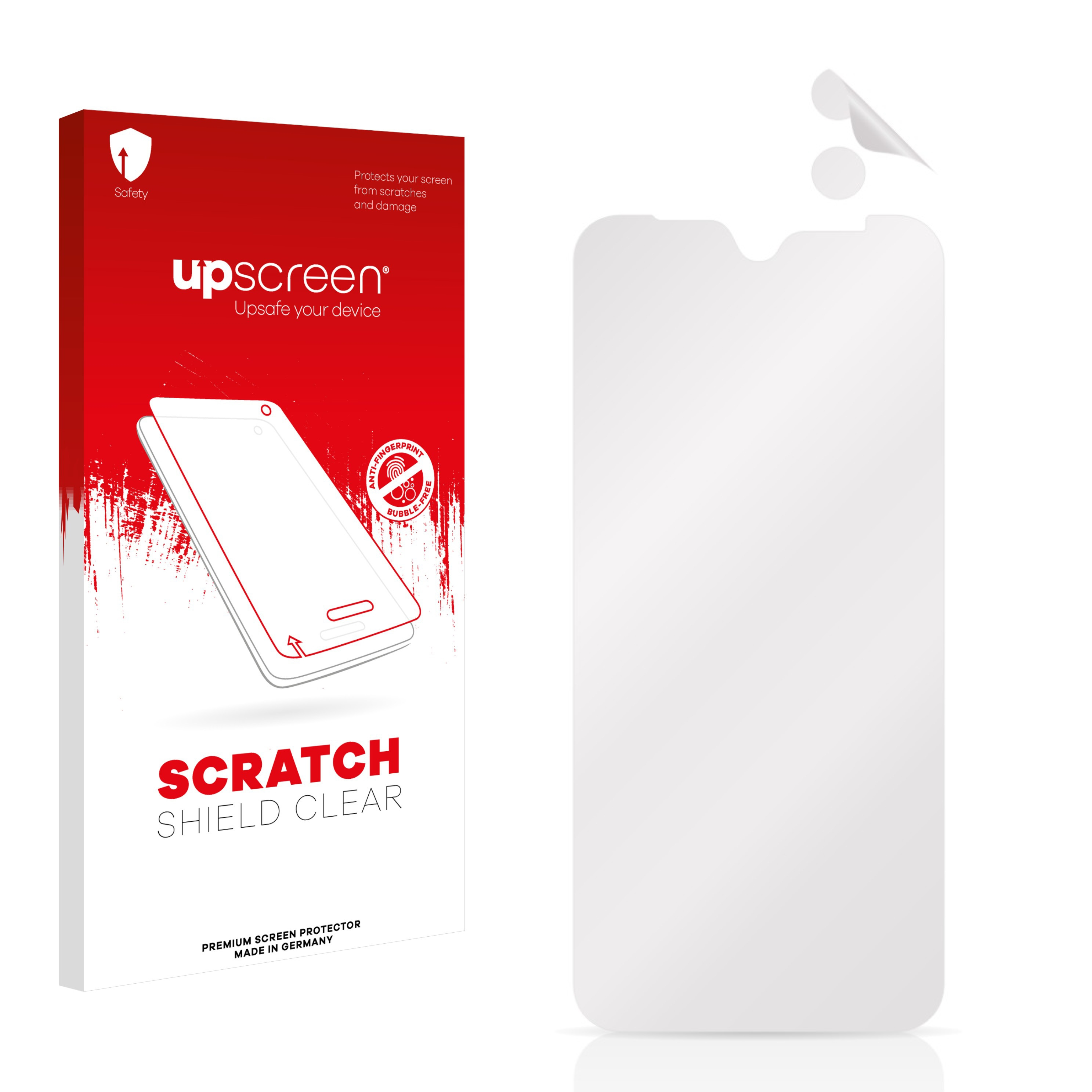 Box mit Telefonbild, Displayschutz mit Kameraausschnitten und Text 'Scratch Shield Clear'.