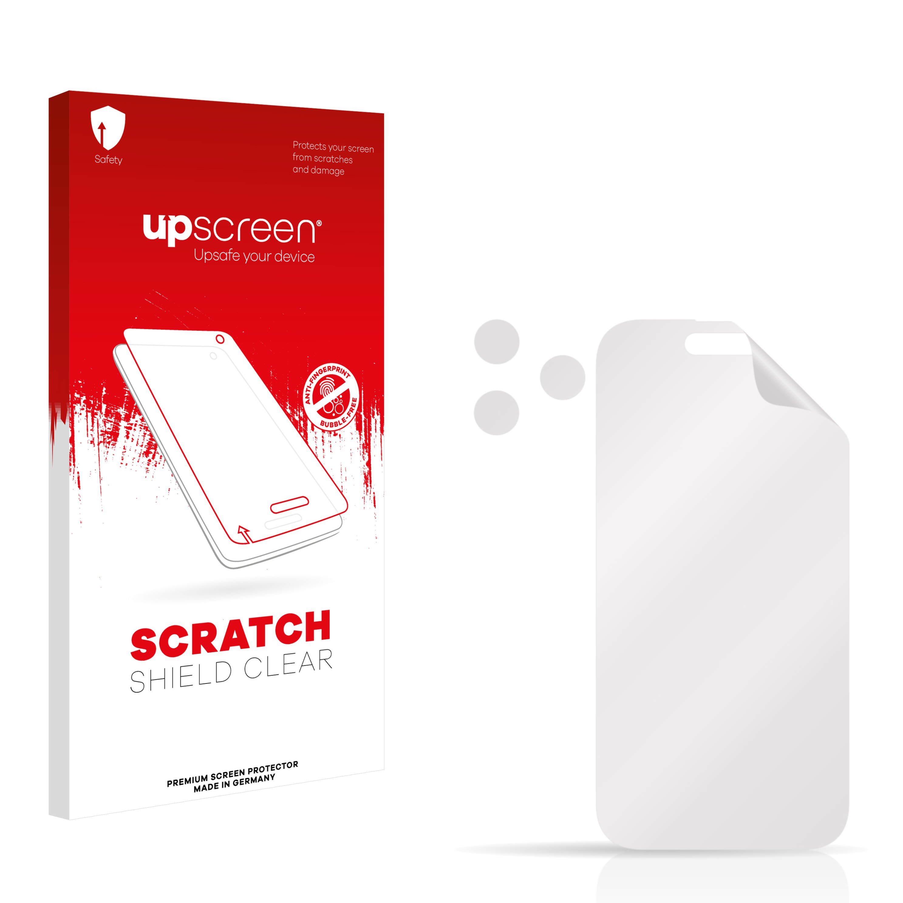 UpScreen Kratzschutz klar. Die Verpackung zeigt ein Telefon und den Schutz.