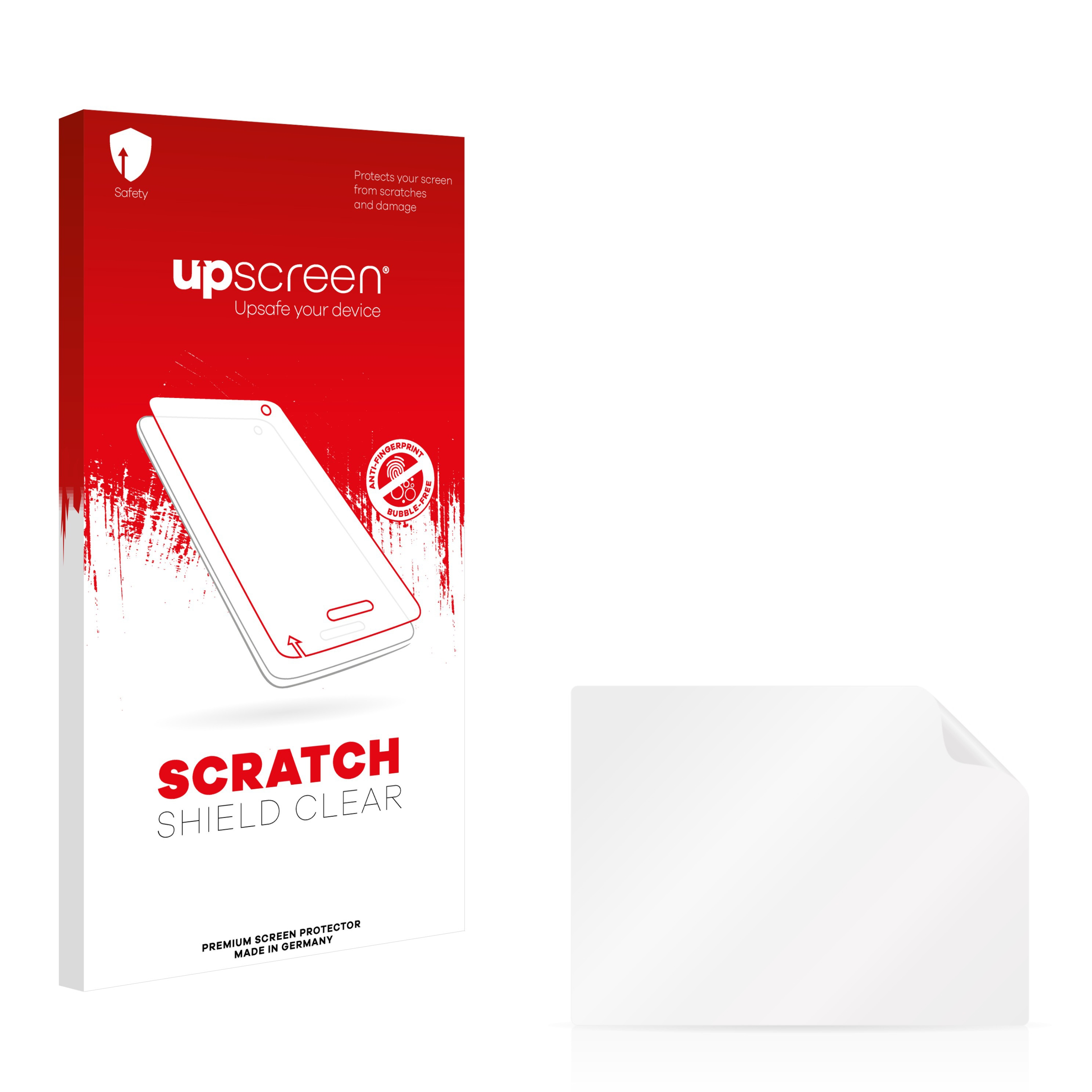 Produktbox mit Displayschutzfolie. Klare Folie und Box mit Text "Scratch Shield Clear".
