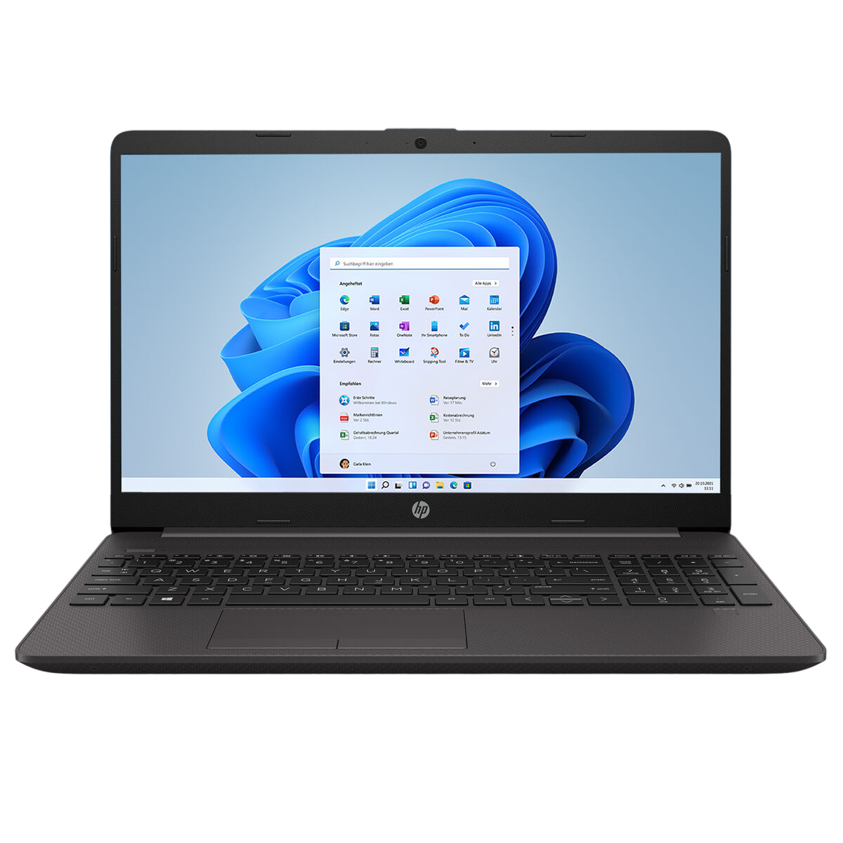 Offener Laptop auf schwarzer Oberfläche, zeigt Windows 11 Oberfläche.