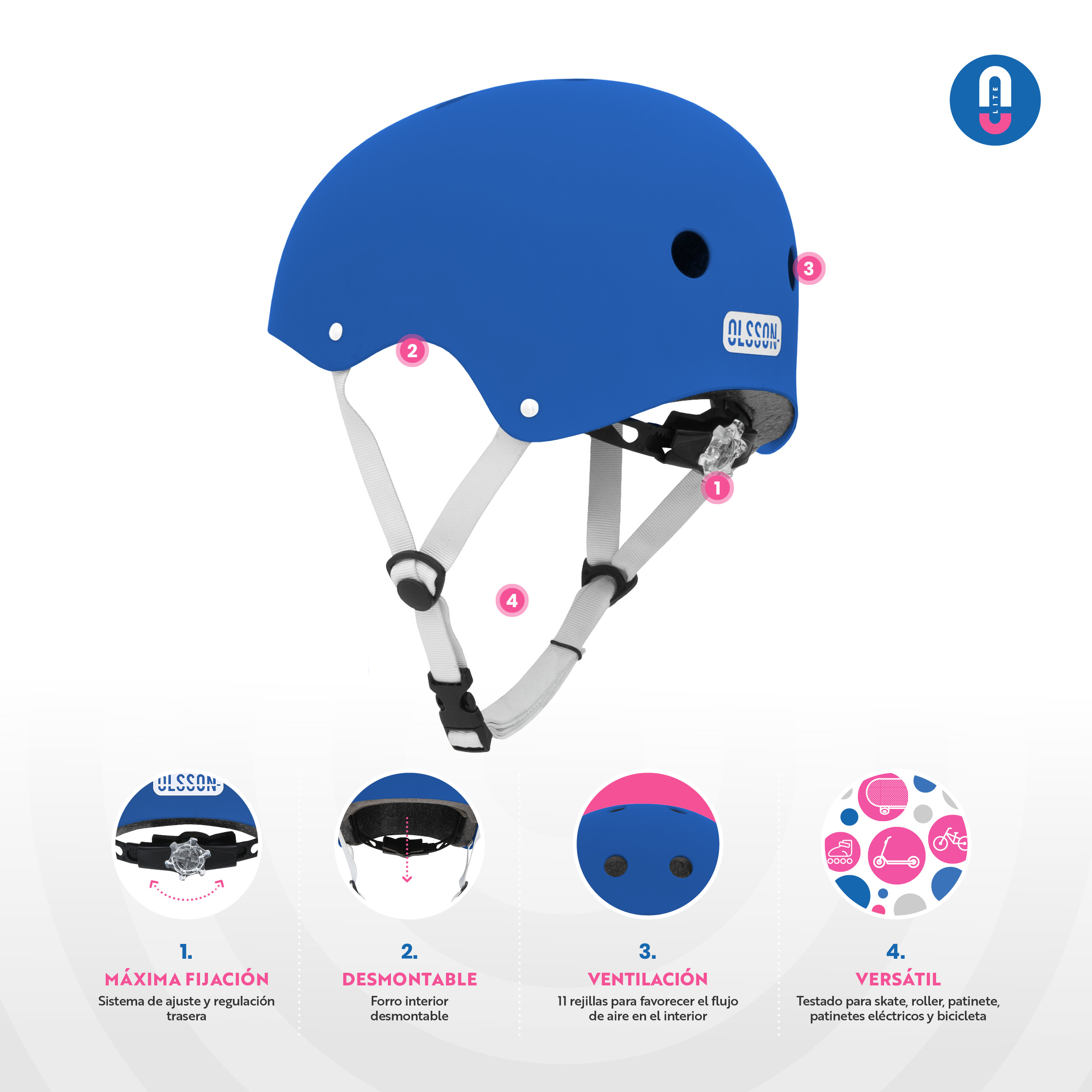 Casco Olsson azul con correas blancas. Con ventilación y sistema de ajuste trasero. Se muestran detalles.