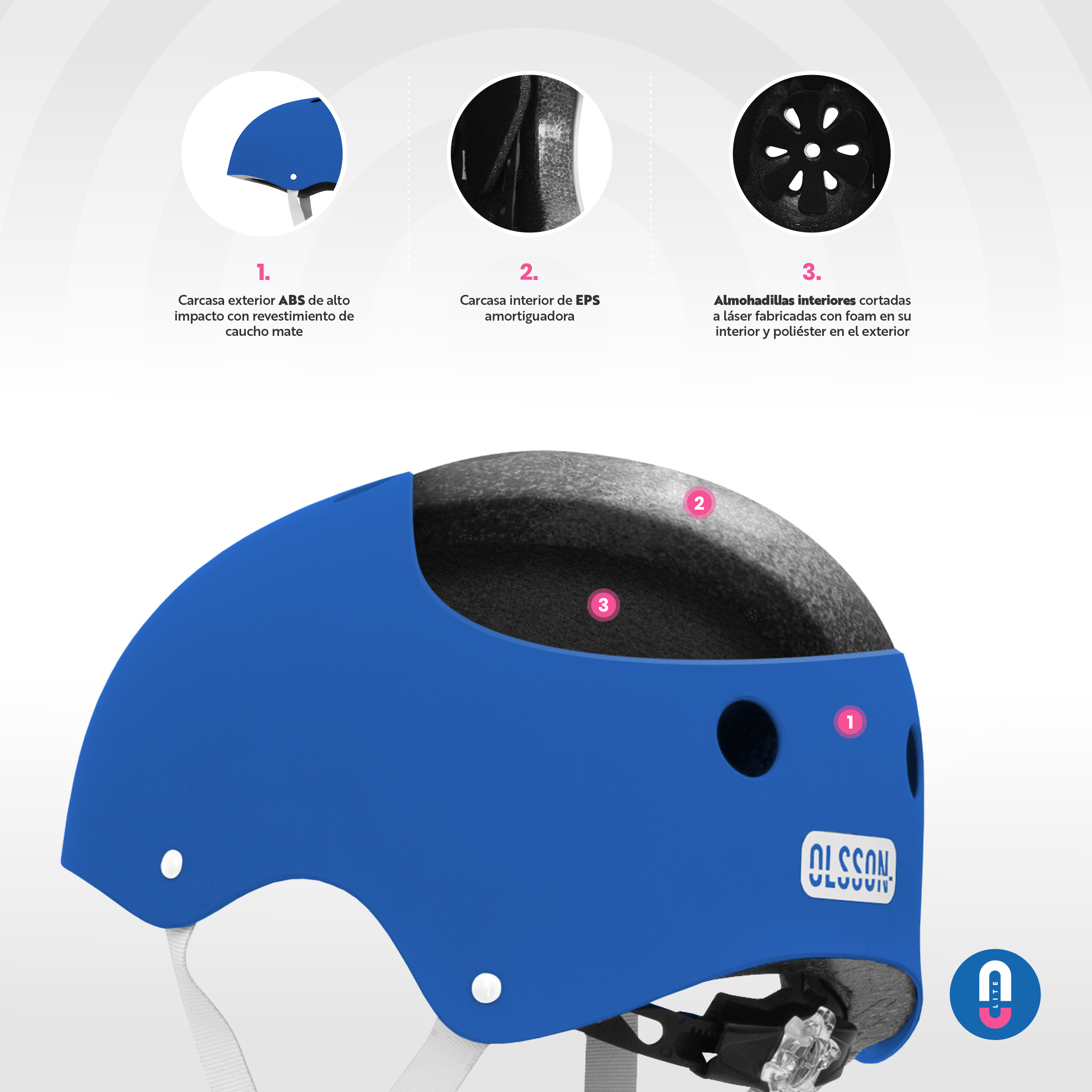 Casco azul con detalles de acolchado interno. Muestra carcasa externa, interior EPS y acolchado interno para seguridad.