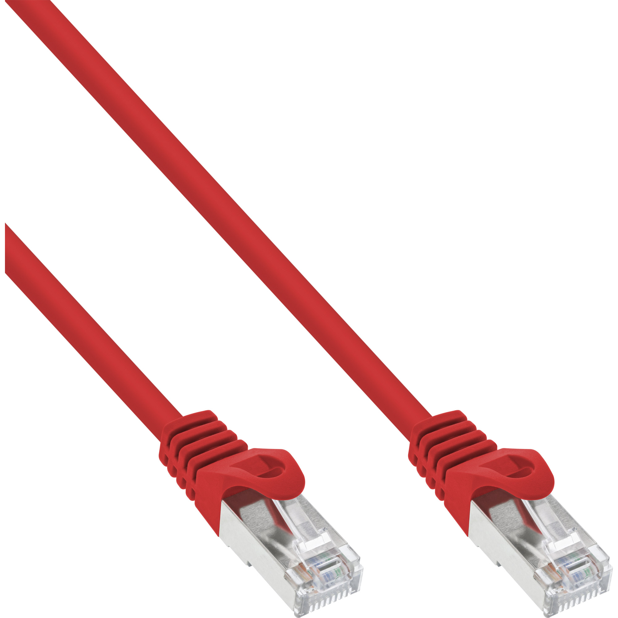 Een rode ethernetkabel met connectoren aan beide uiteinden. De connectoren zijn zilver en rood.