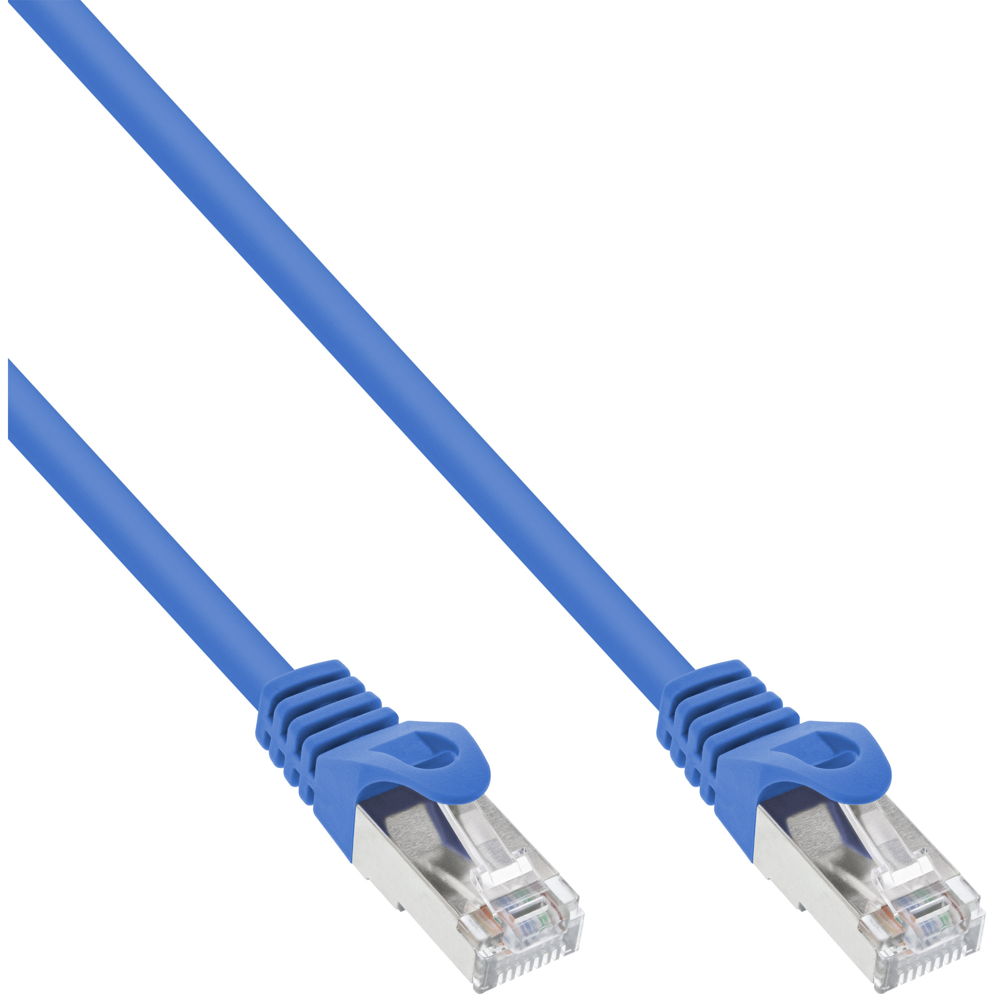 Twee blauwe netwerkkabels met zilveren connectoren.