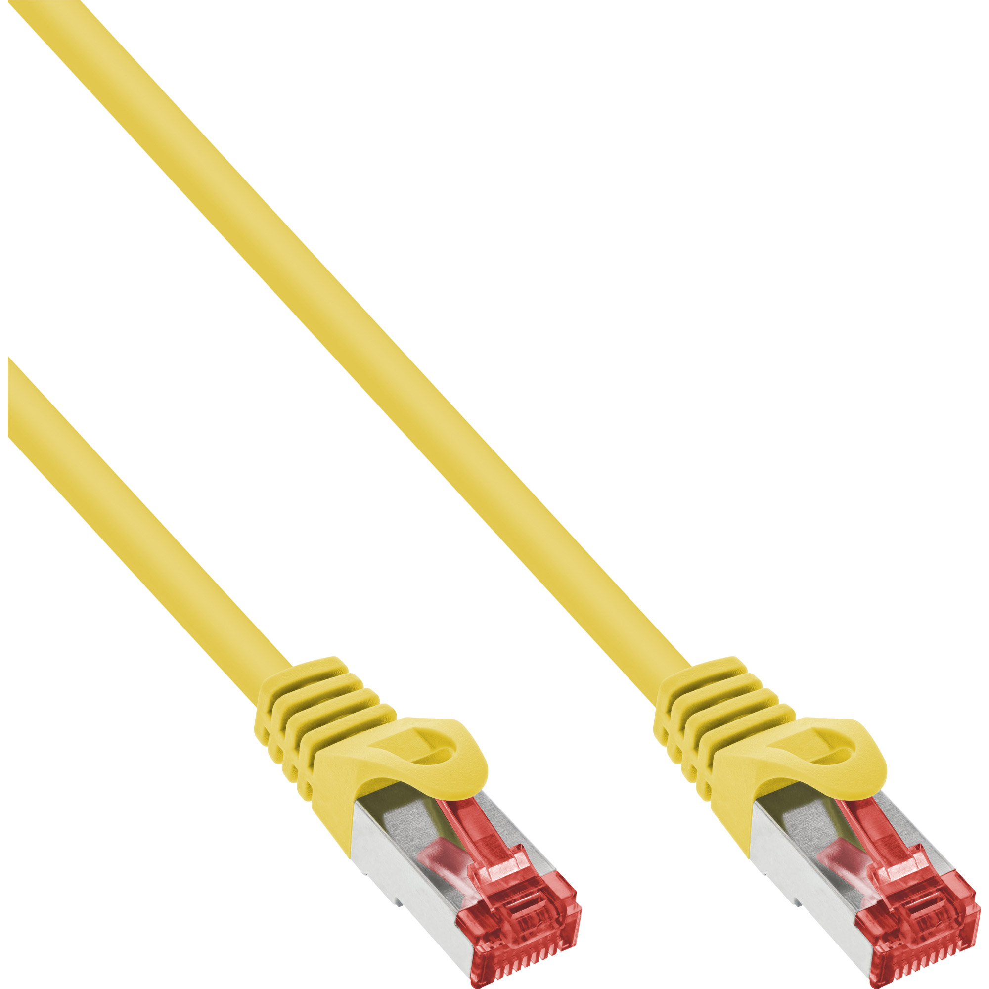 Gele Ethernet-kabel met rode connectoren, geïsoleerd op witte achtergrond.