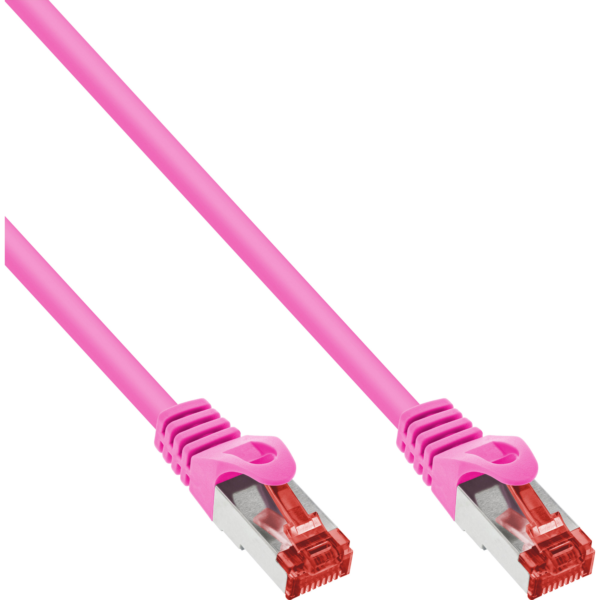 Un cavo Ethernet rosa con connettori, sfondo bianco.
