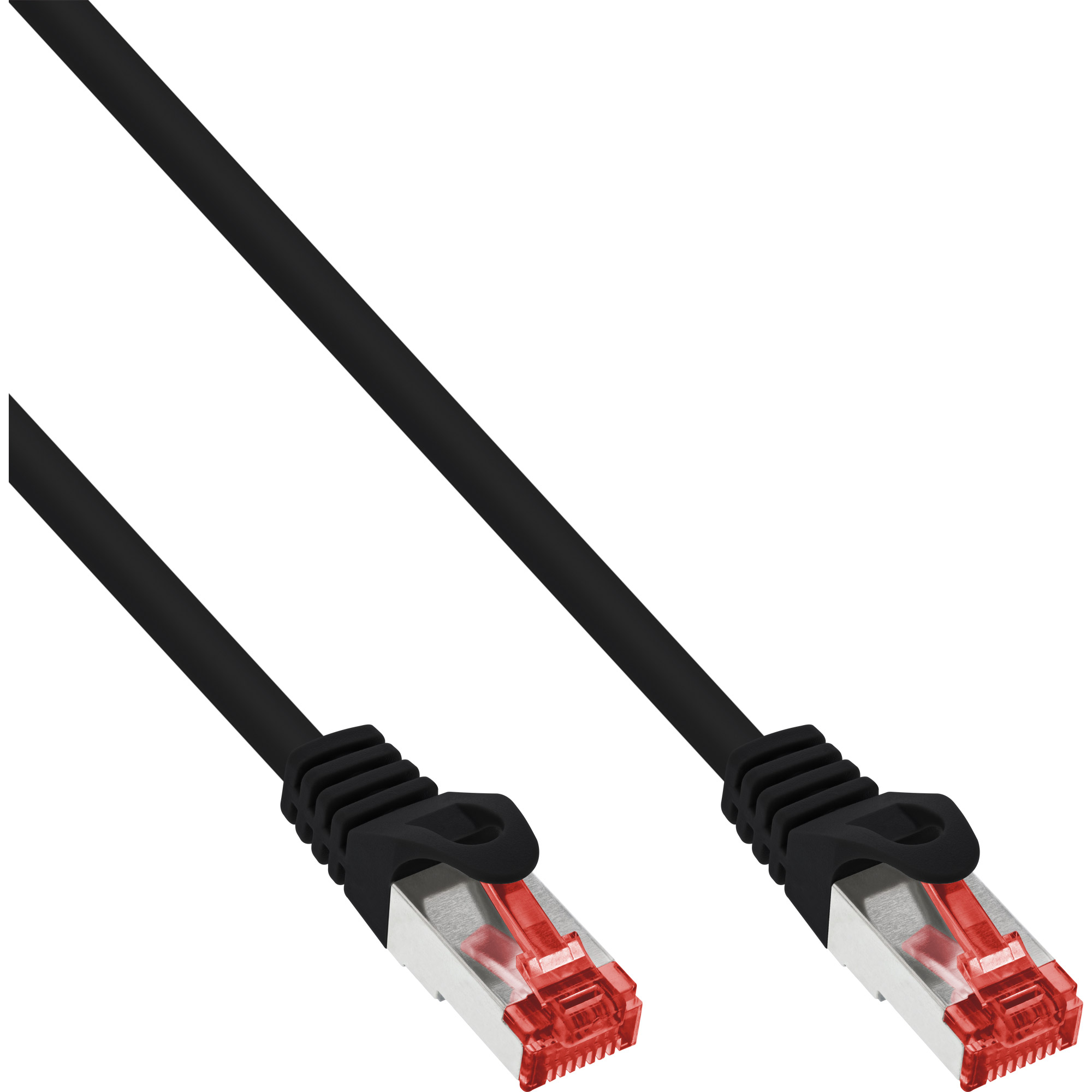 Câble réseau noir avec connecteurs rouges à chaque extrémité. Le câble est droit et propre.