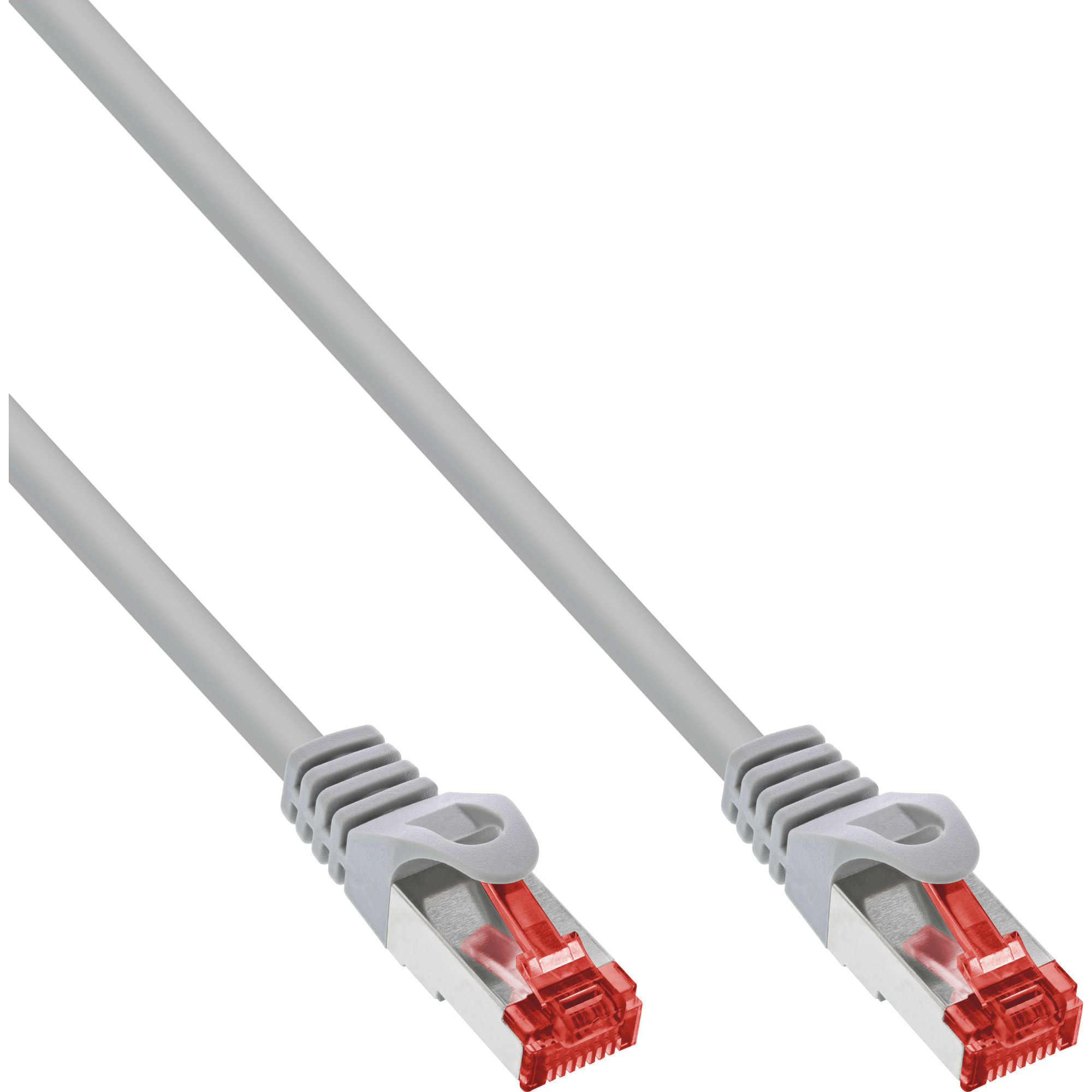 Grijze netwerkkabel met rode connectoren aan elk uiteinde. De kabel is recht en schoon.