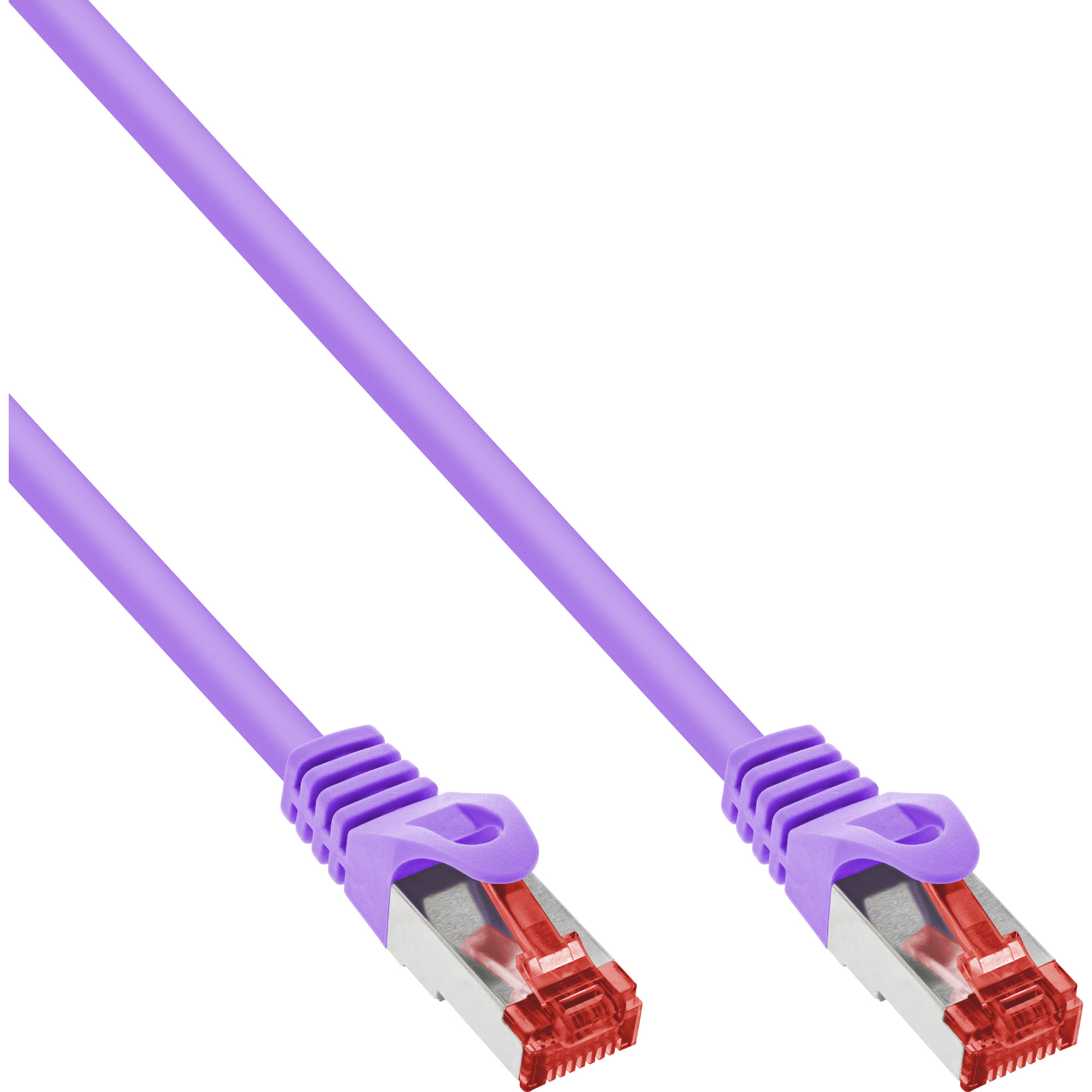 Twee paarse ethernetkabels met rode connectoren. Ze liggen op een witte achtergrond, iets schuin.