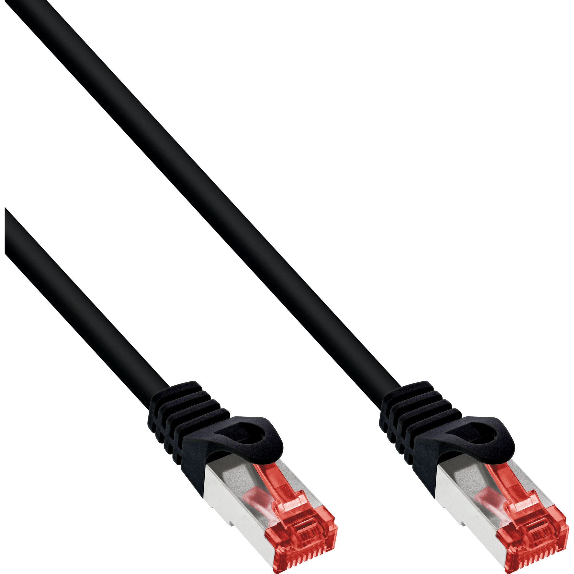 Zwarte ethernetkabel met rode connectoren. De kabel is schuin en ligt op een wit oppervlak.
