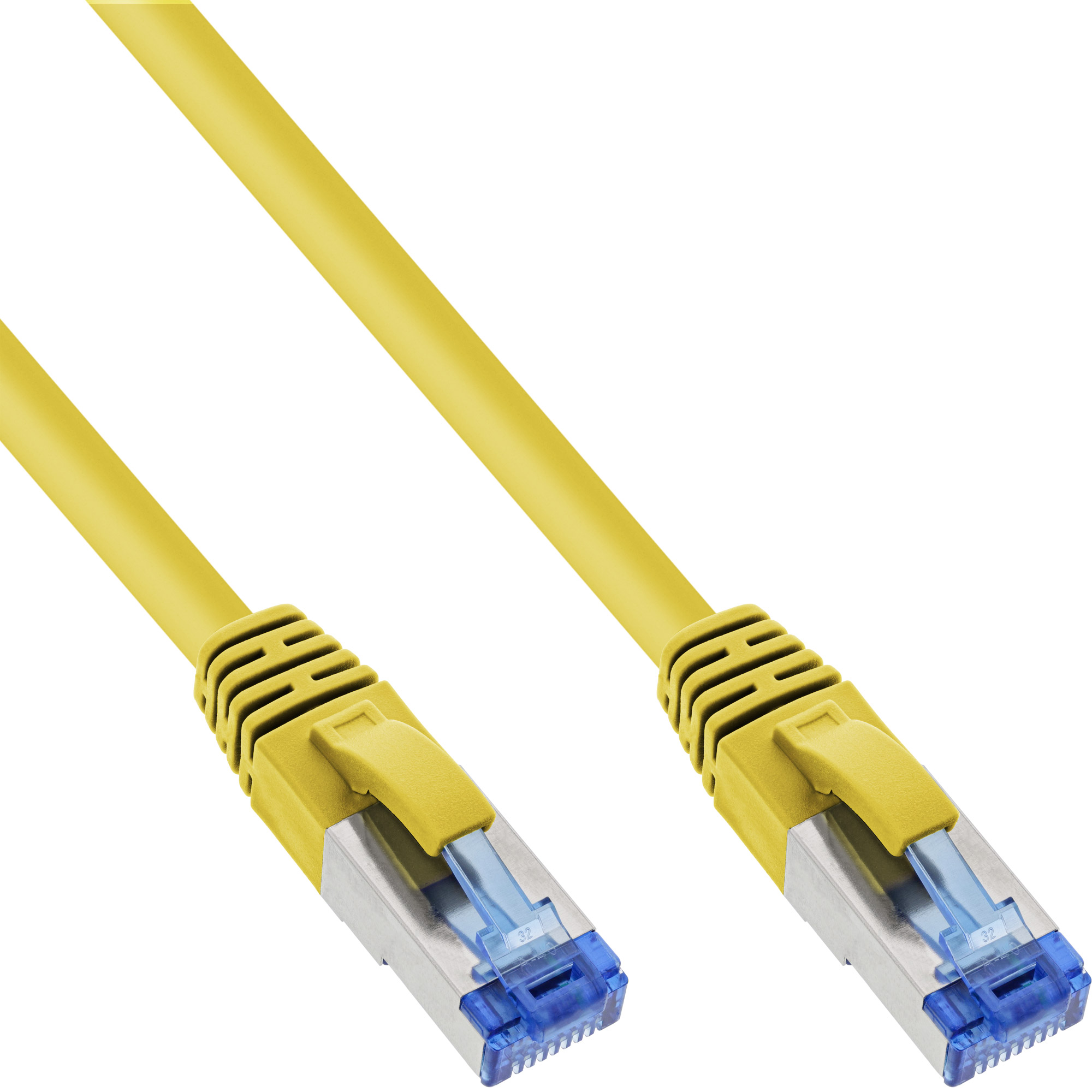 Cavo di rete giallo con connettori blu a ciascuna estremità. Il cavo è dritto e pulito.