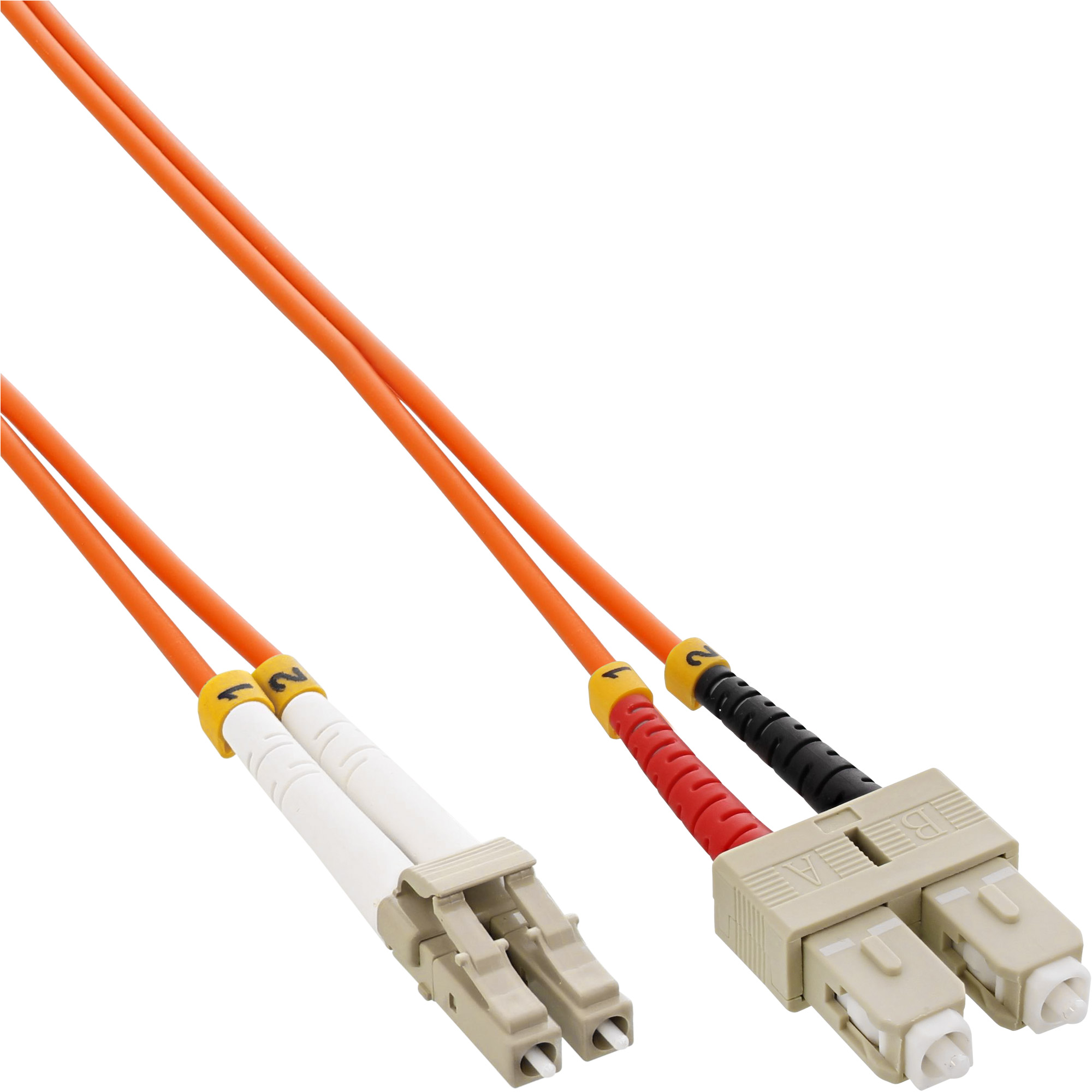 Zwei orangefarbene Glasfaserkabel mit Steckern. Die Stecker sind weiß und beige, mit Schutzkappen.