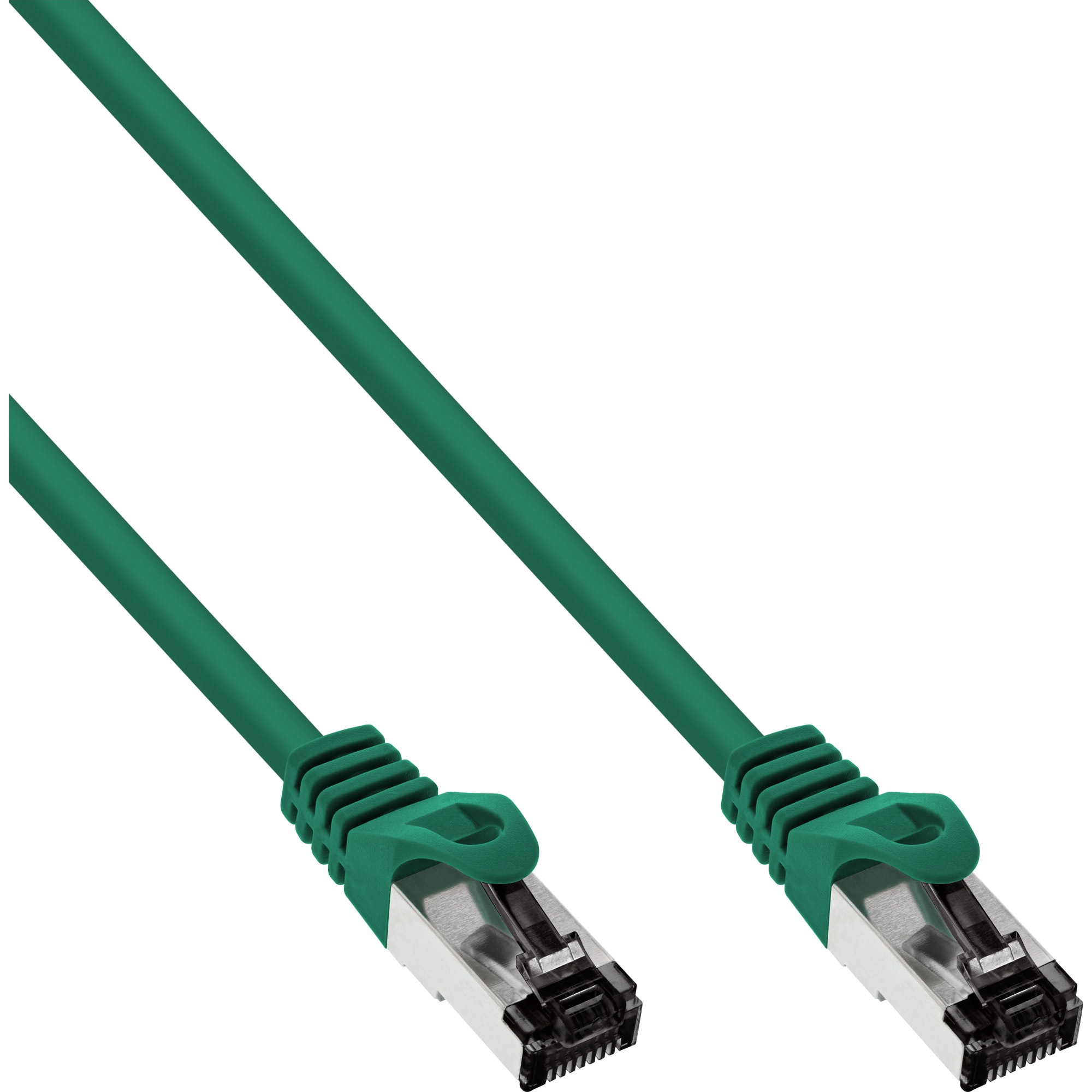 Câble Ethernet vert avec connecteurs aux deux extrémités, orienté vers le spectateur, isolé sur fond blanc.