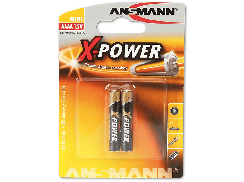 ANSMANN ANSMANN 1510-0005 Alkaline Batterie X-Power, / Stück Batterien Alkaline, 1.5 AAAA, 2er-Pack Strom / Volt 2 Batterien