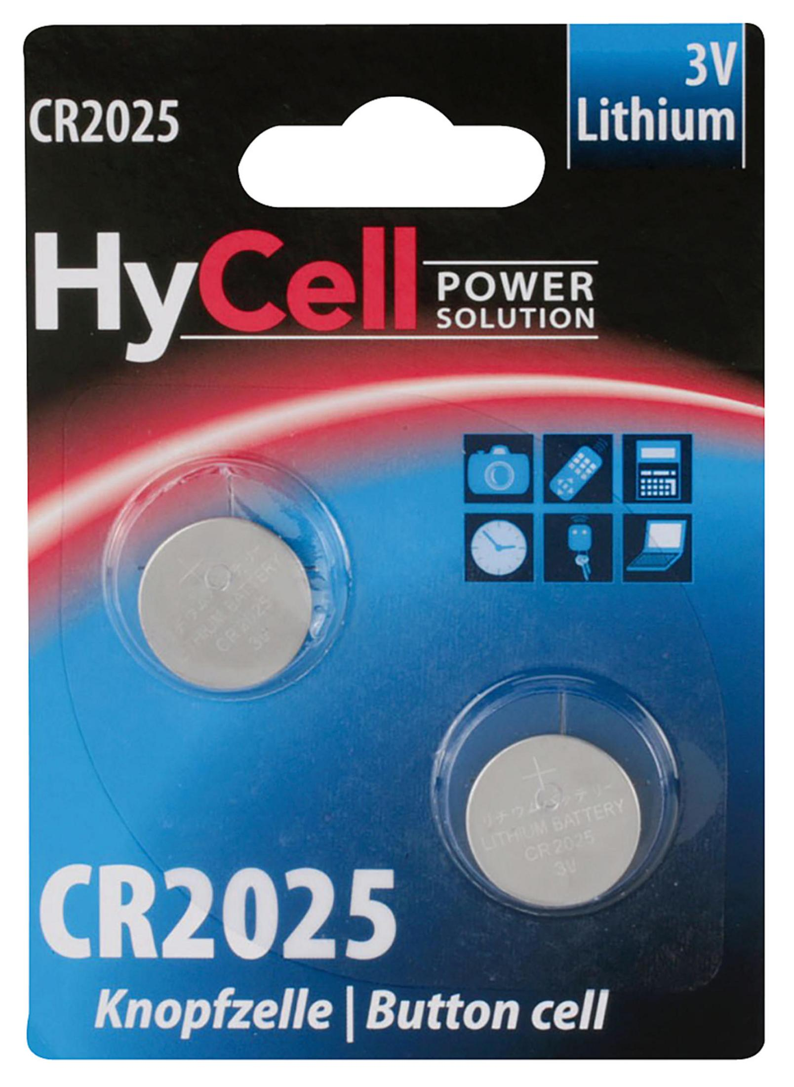 Un pacco batteria a bottone HyCell CR2025, con due batterie visibili. È una batteria al litio da 3V.