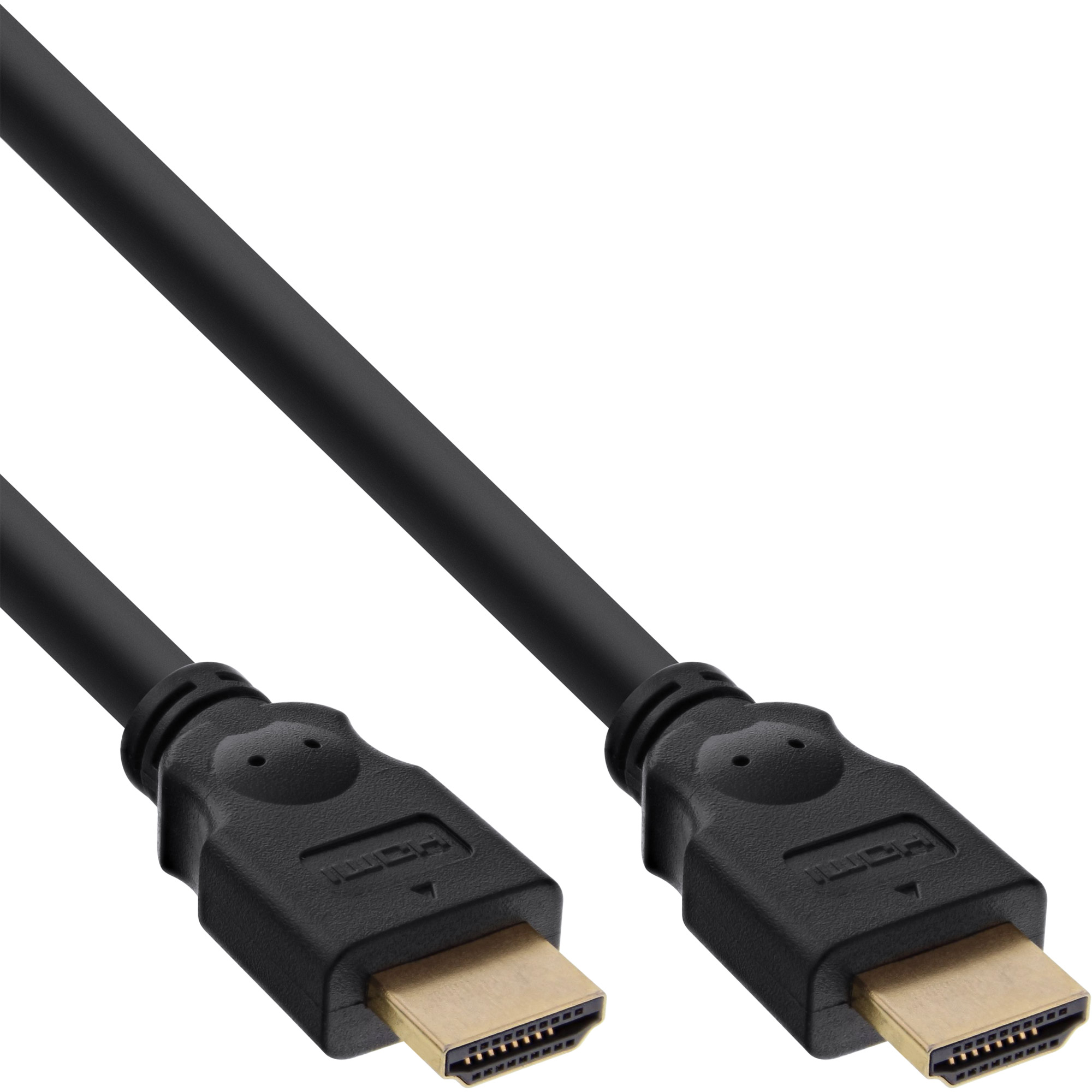 Schwarzes HDMI-Kabel. Zwei Enden mit goldenen Steckern sichtbar. Weißer Hintergrund.