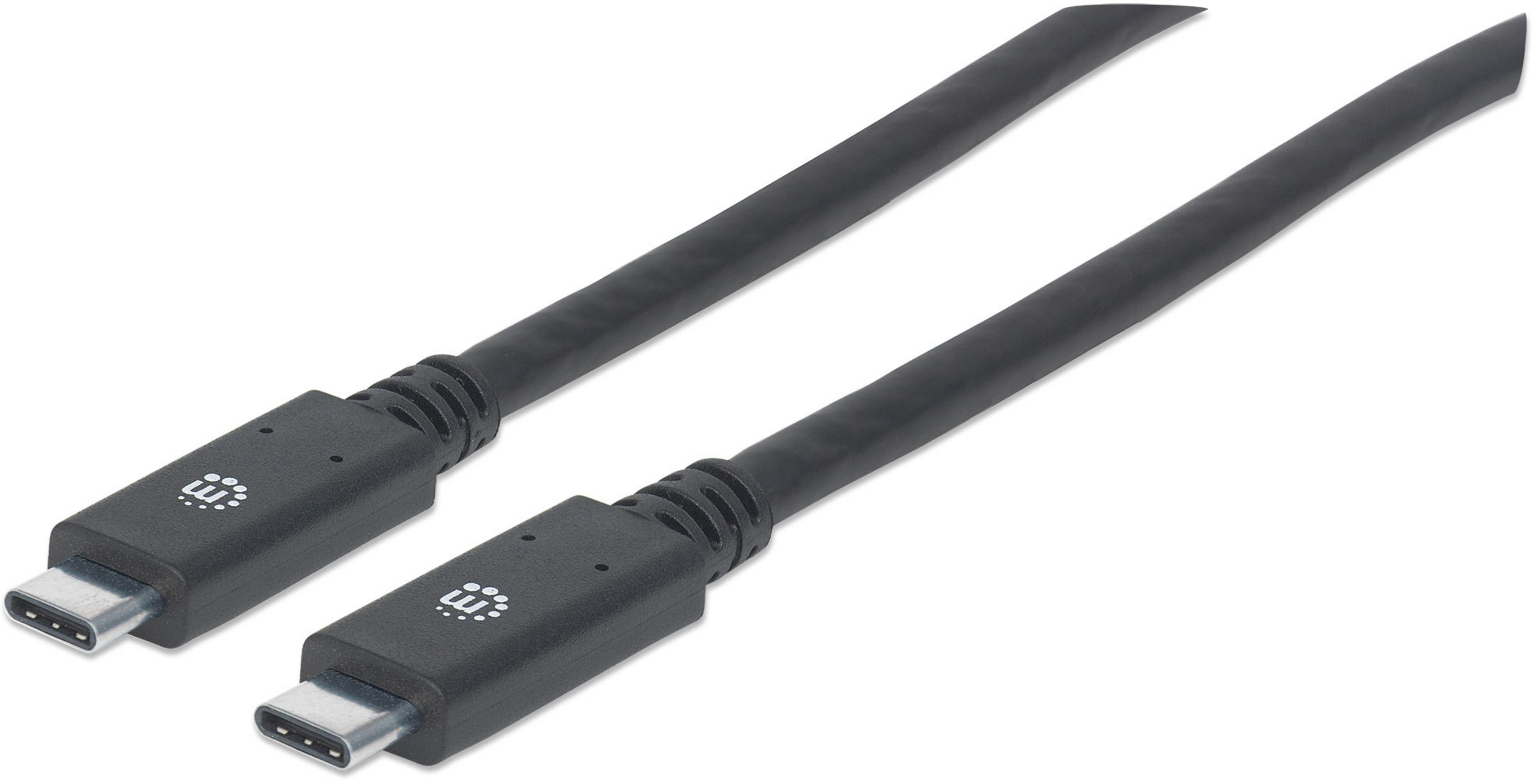 Due cavi USB-C neri. Connettori su ciascuna estremità. Sfondo bianco.
