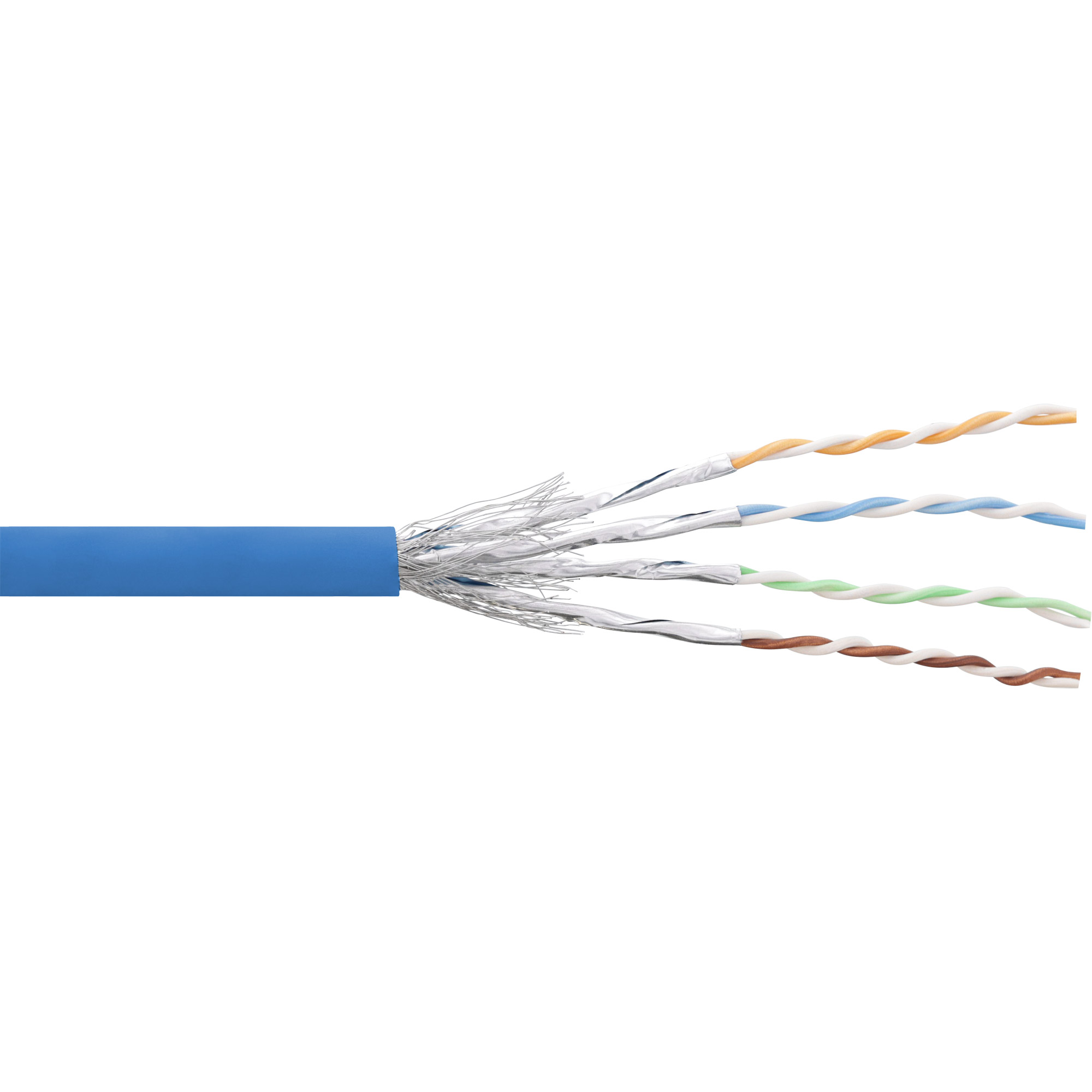 Cavo blu con coppie di fili intrecciati multicolore su sfondo bianco.