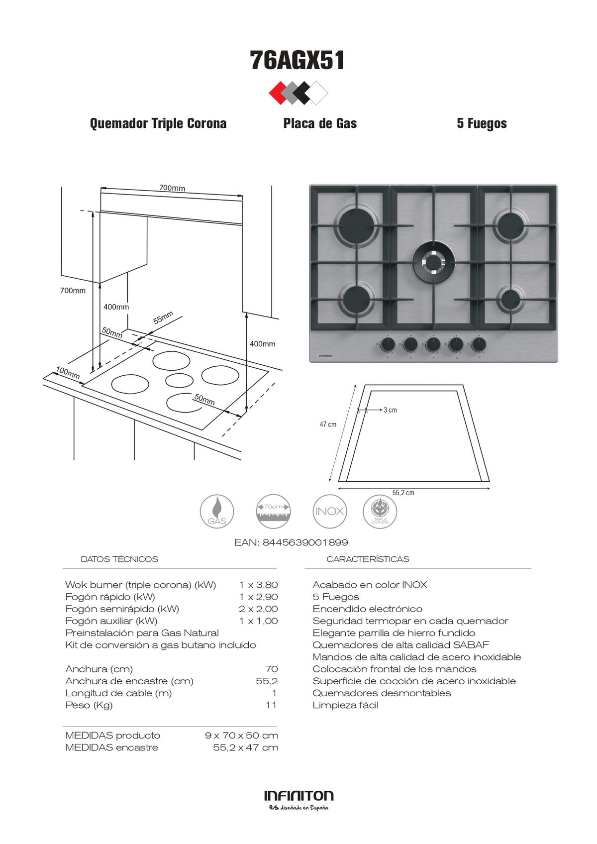 Un dibujo técnico de una placa de gas con dimensiones y especificaciones.