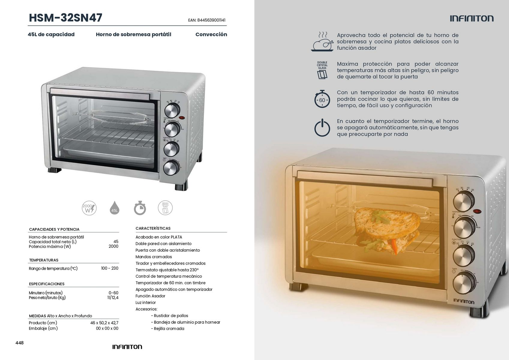 Un horno Infinitton. El horno es plateado con una puerta de vidrio. Hay un sándwich dentro.