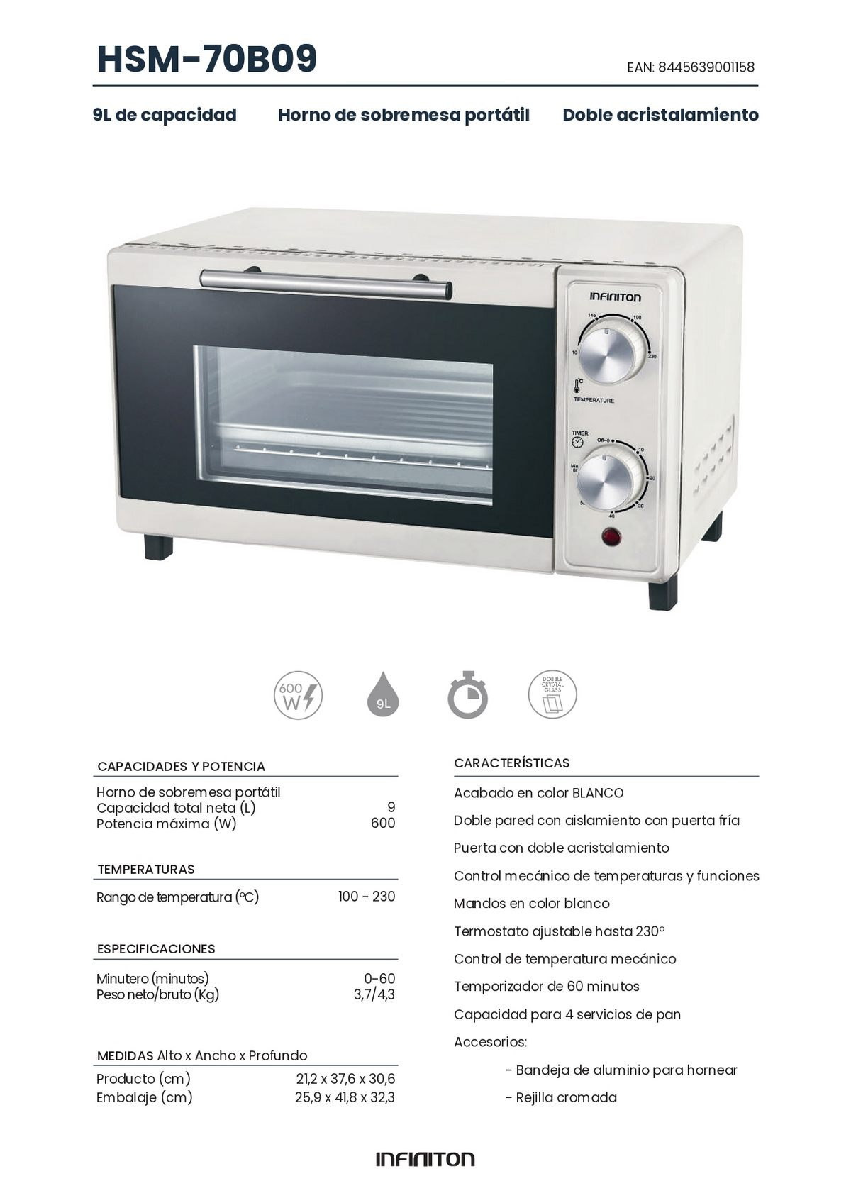 Pequeño horno de sobremesa blanco con puerta y controles negros. Texto en español.