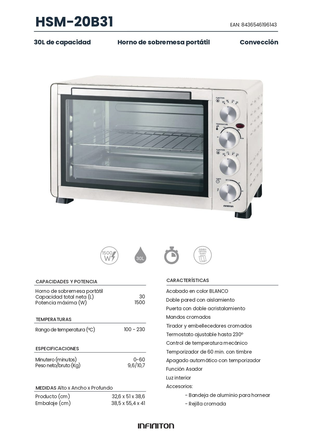 Mini horno blanco y gris con la puerta de vidrio abierta, mostrando los componentes internos.