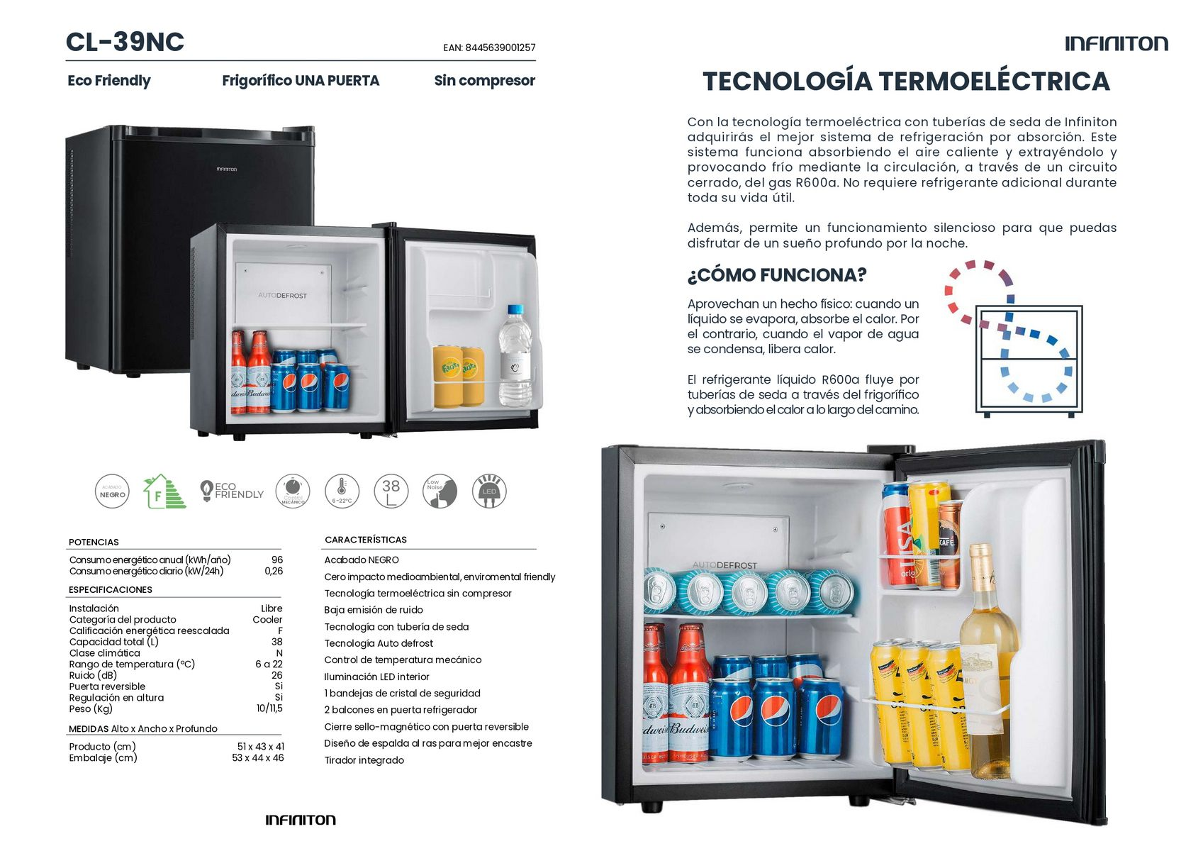 Un mini-frigorífico negro con dos puertas, lleno de botellas y latas, sobre fondo blanco.