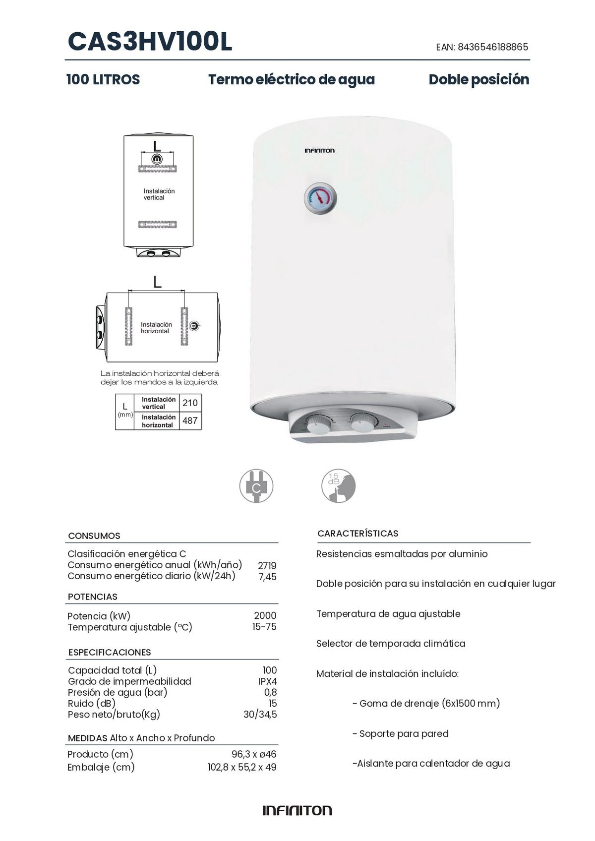 Especificaciones técnicas de un calentador de agua blanco con diagramas.
