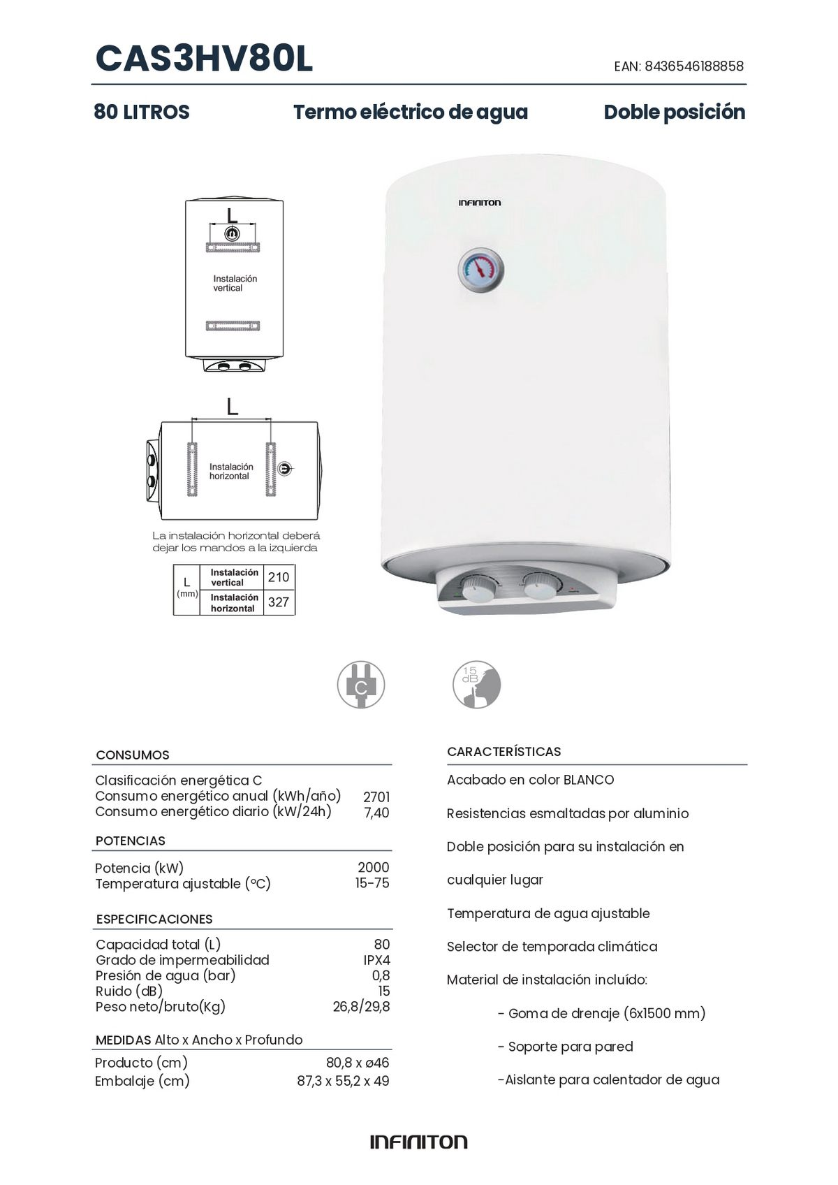 Un diagrama esquemático de un calentador de agua con especificaciones en español. Fondo blanco.