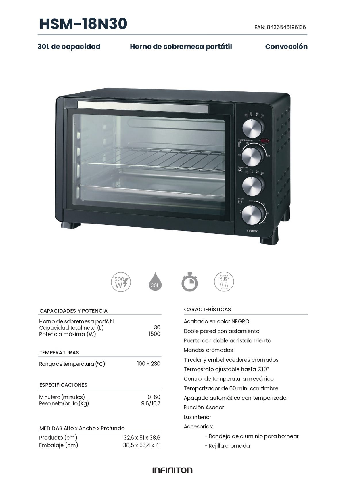 Horno de encimera negro, con perillas de control y puerta de vidrio.