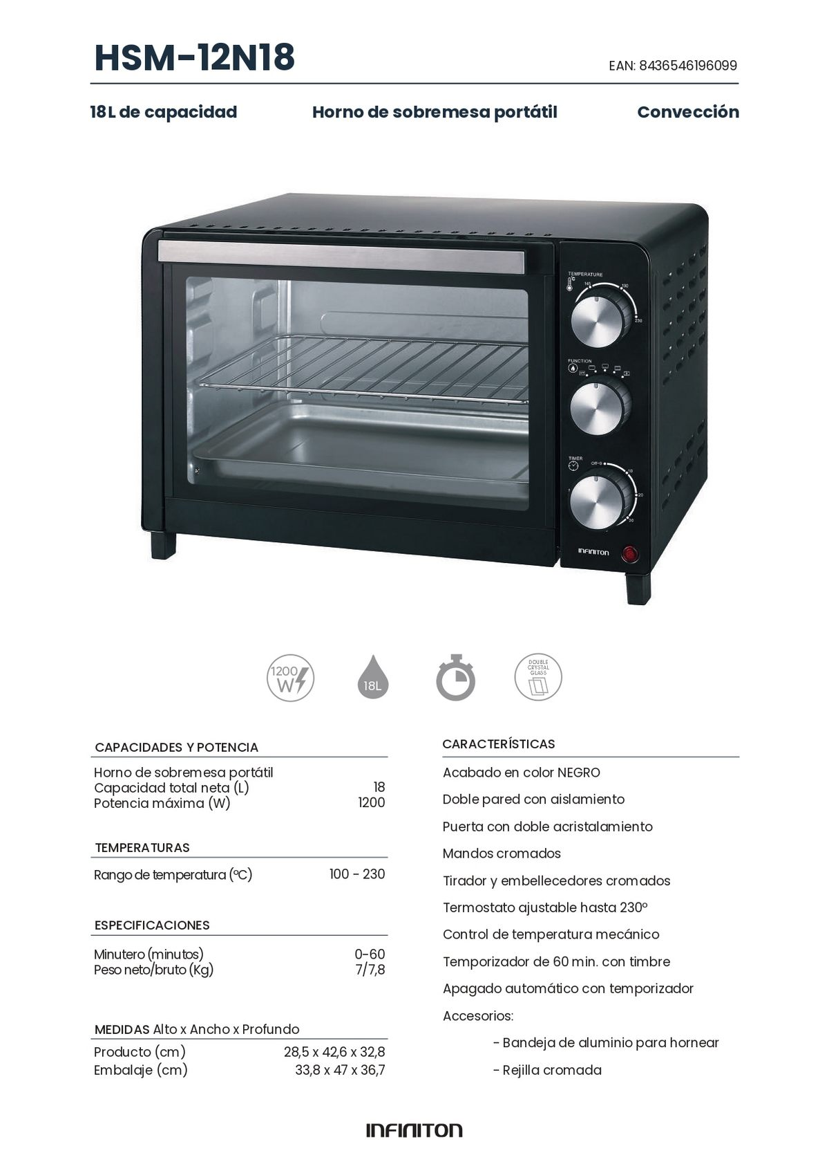 Horno de mesa negro, detalles de texto. Horno, diales, rejilla y pantalla. Blanco y negro.