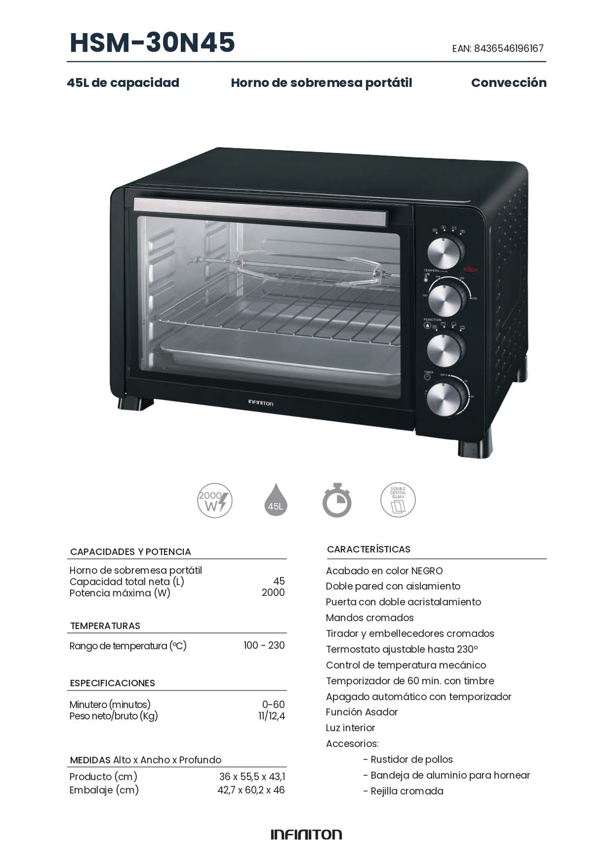 Un horno de encimera negro con mandos y puerta de vidrio, detalles del producto a la derecha.