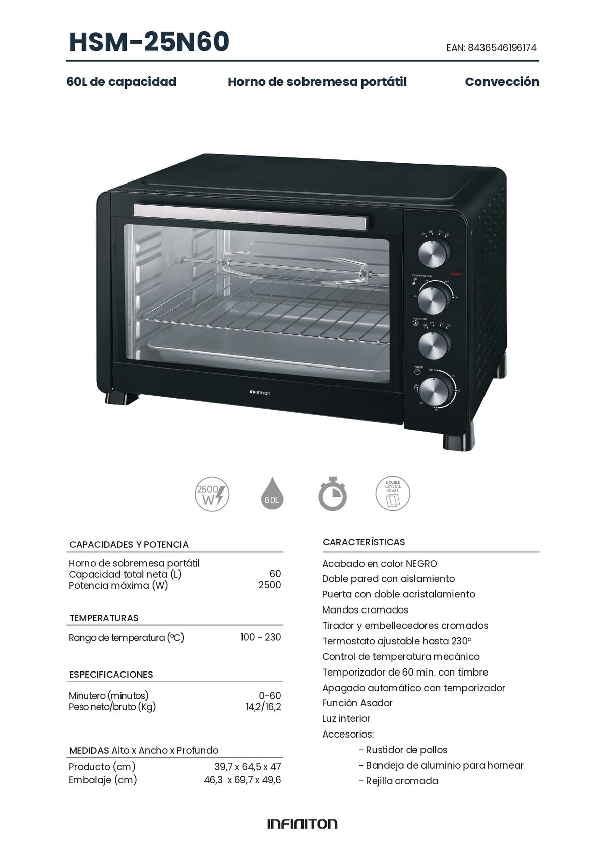 Horno de encimera Infinition negro con puerta abierta, mostrando el interior y perillas de control. Texto en español.
