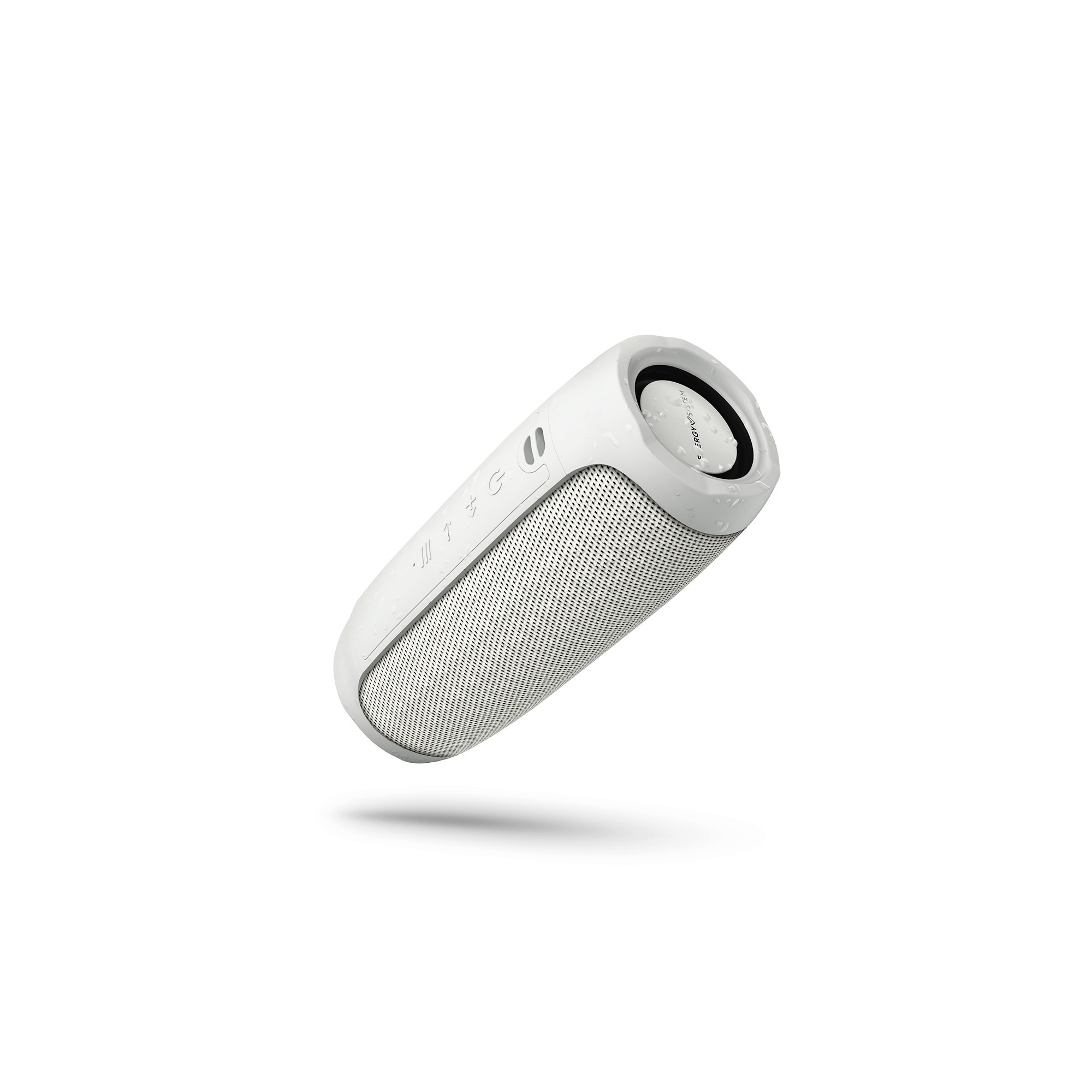 Altoparlante portatile cilindrico bianco con griglia altoparlante perforata, su sfondo bianco.