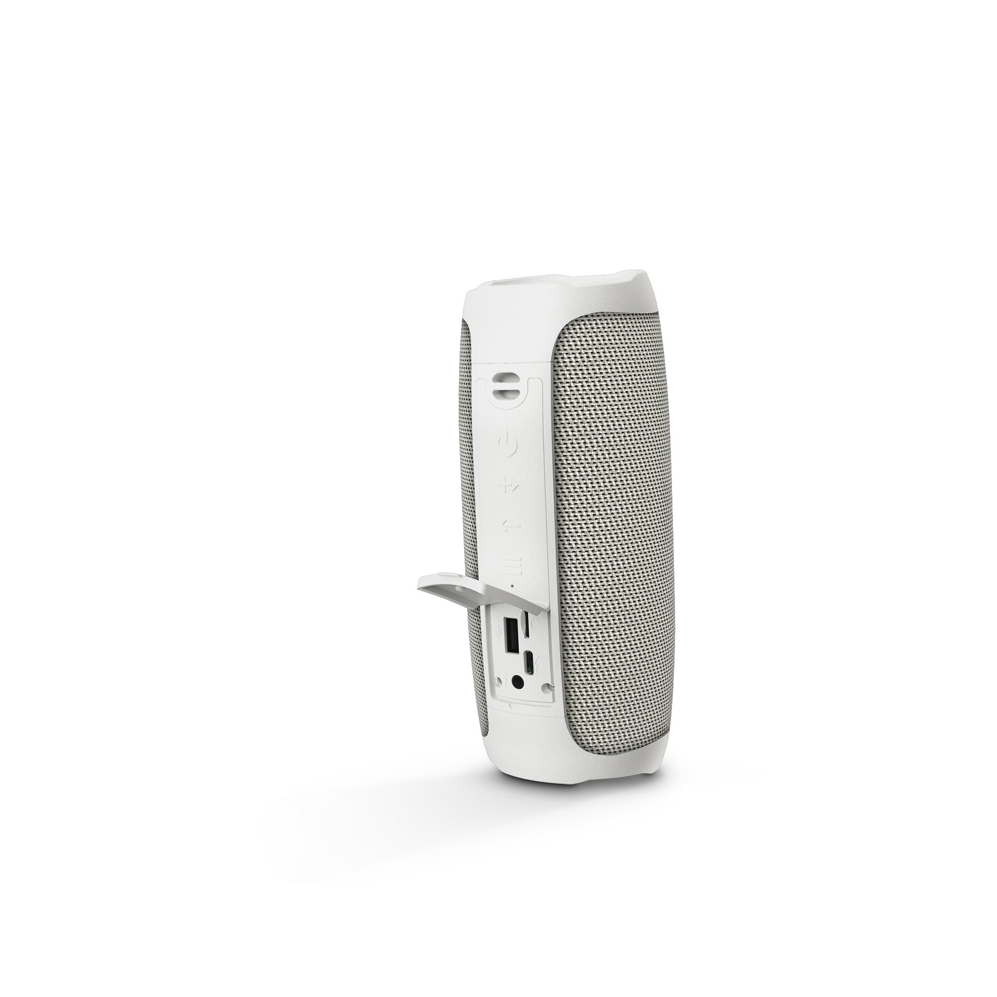 Altoparlante portatile bianco e grigio. Ha una griglia a rete e un pannello laterale con porte.