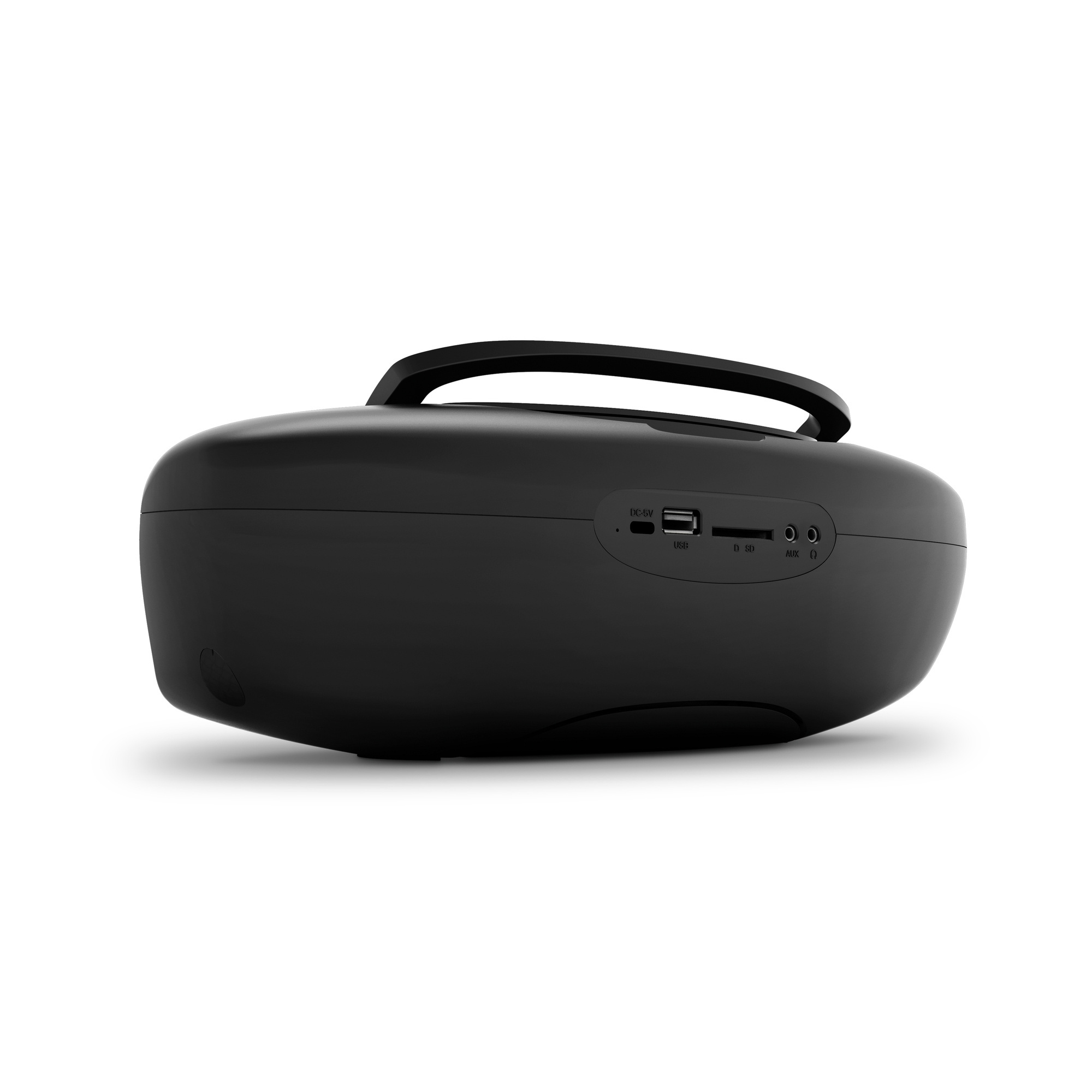 Altavoz portátil negro con asa. Vista lateral muestra puertos.