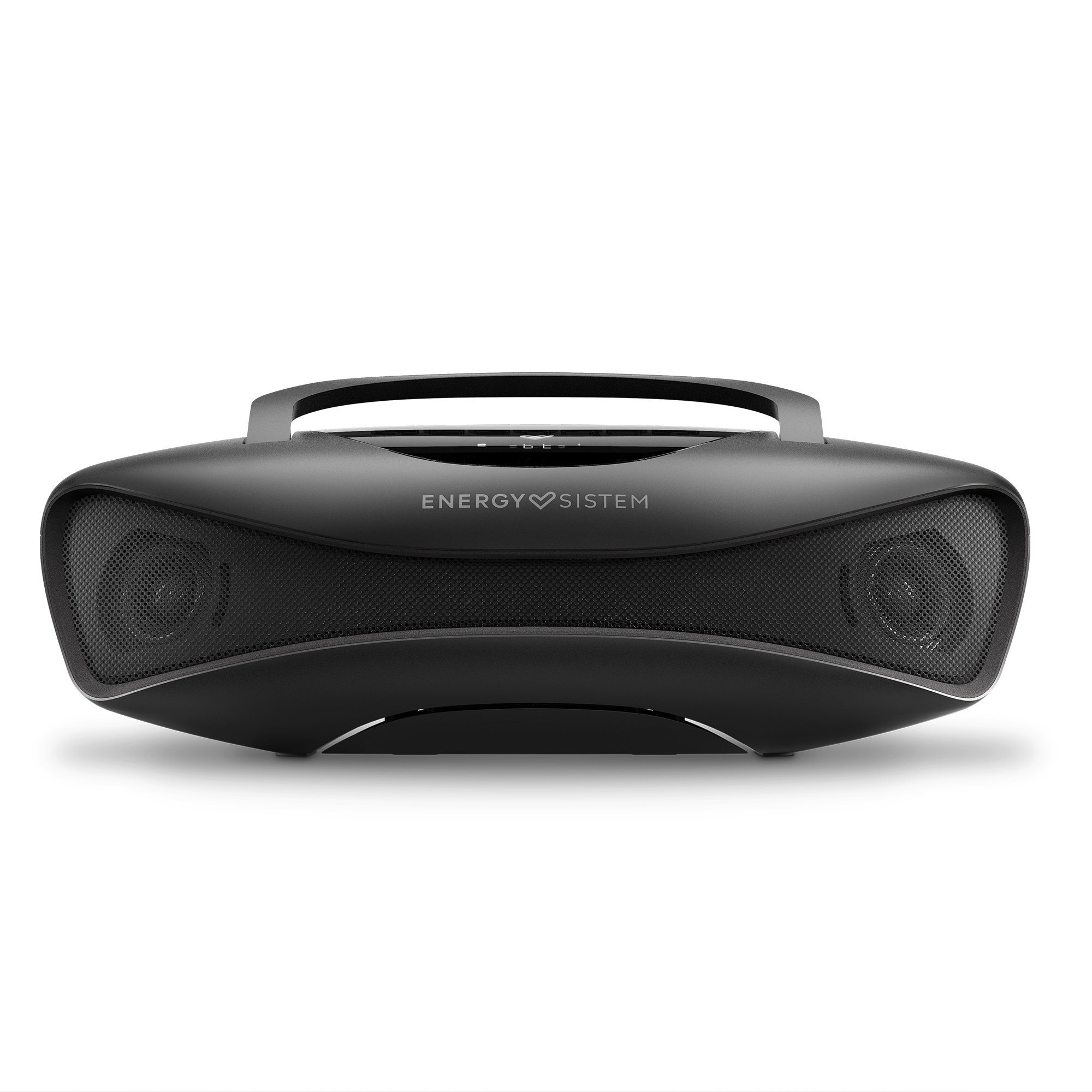 Altavoz portátil negro de Energy Sistem con asa. El altavoz está sobre un fondo blanco.