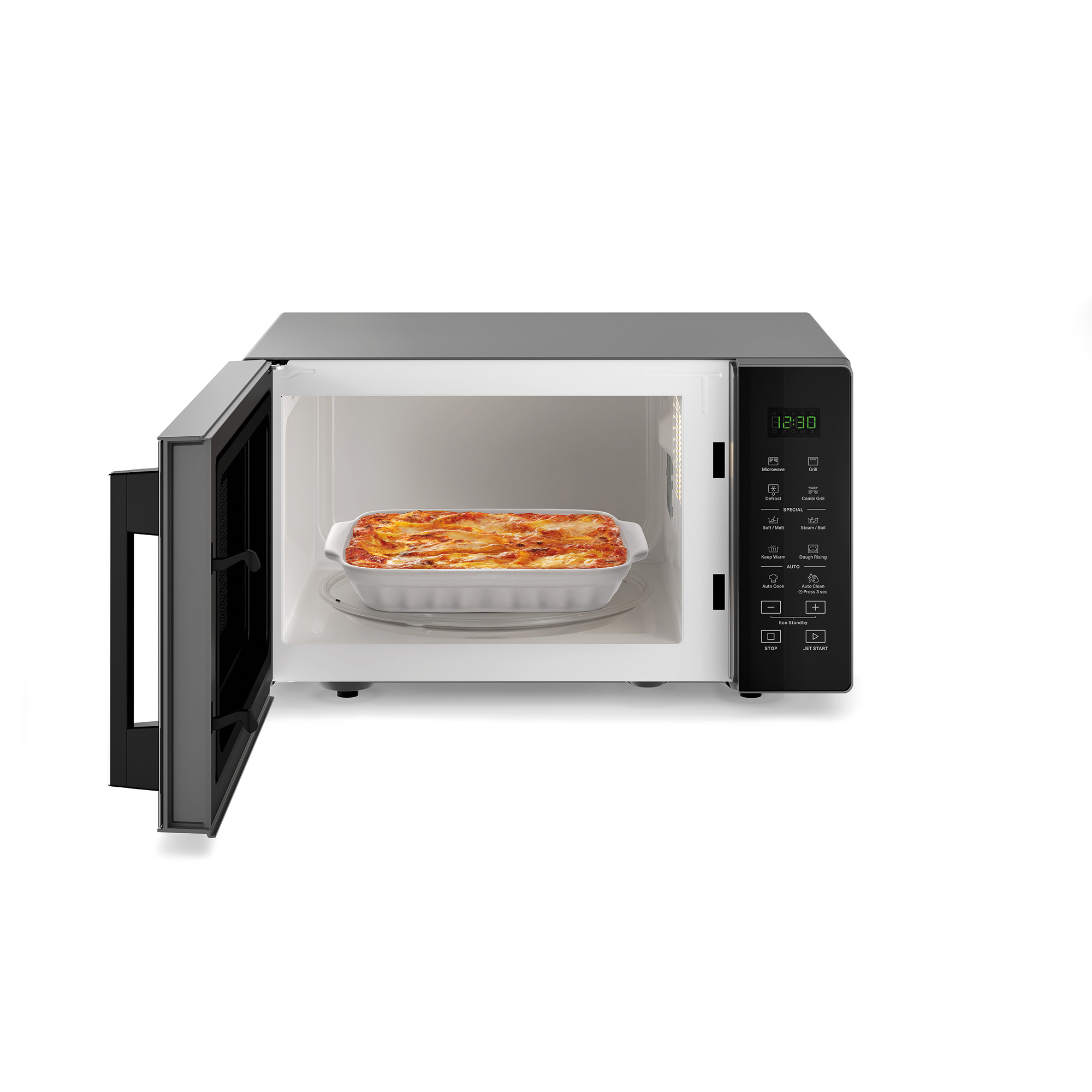 Horno microondas con la puerta abierta. Dentro, un plato blanco con lasaña es visible.