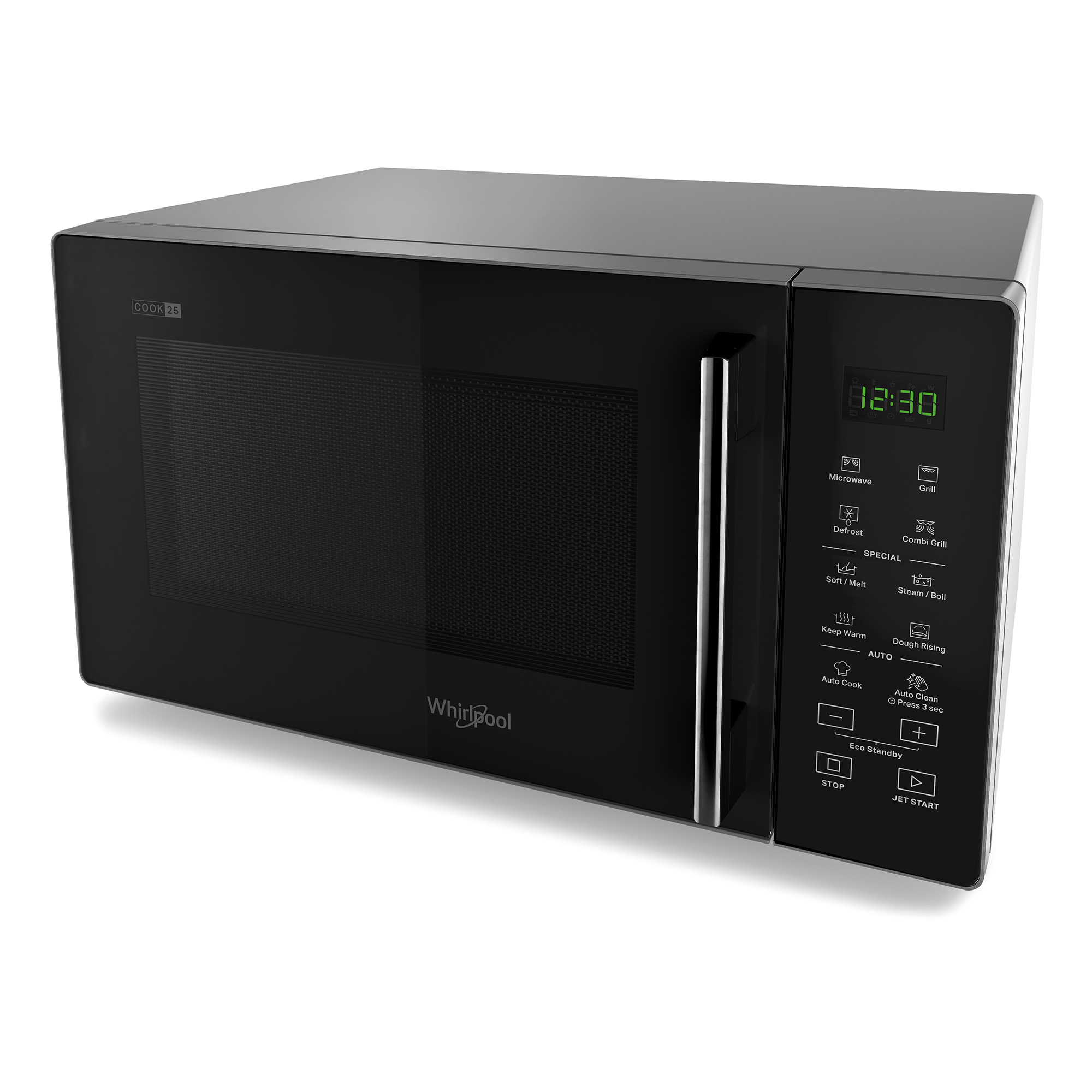Horno microondas Whirlpool negro con pantalla digital y múltiples botones de control.