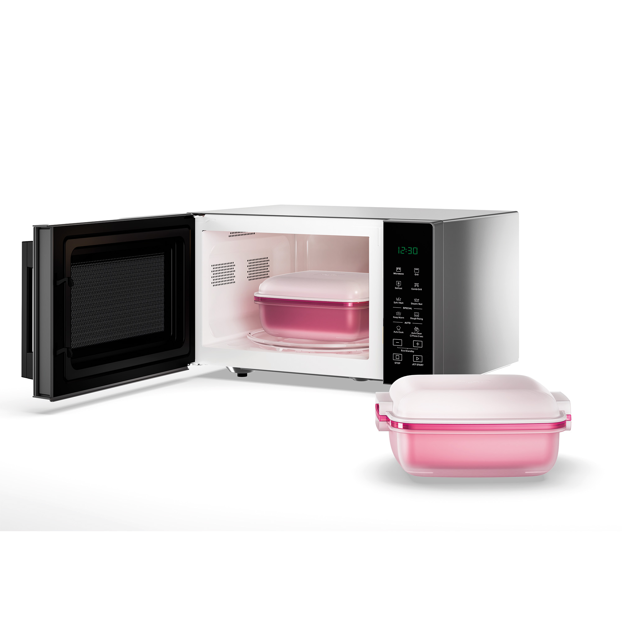 Microondas con puerta abierta, con recipientes rosas dentro. Un recipiente separado al lado.