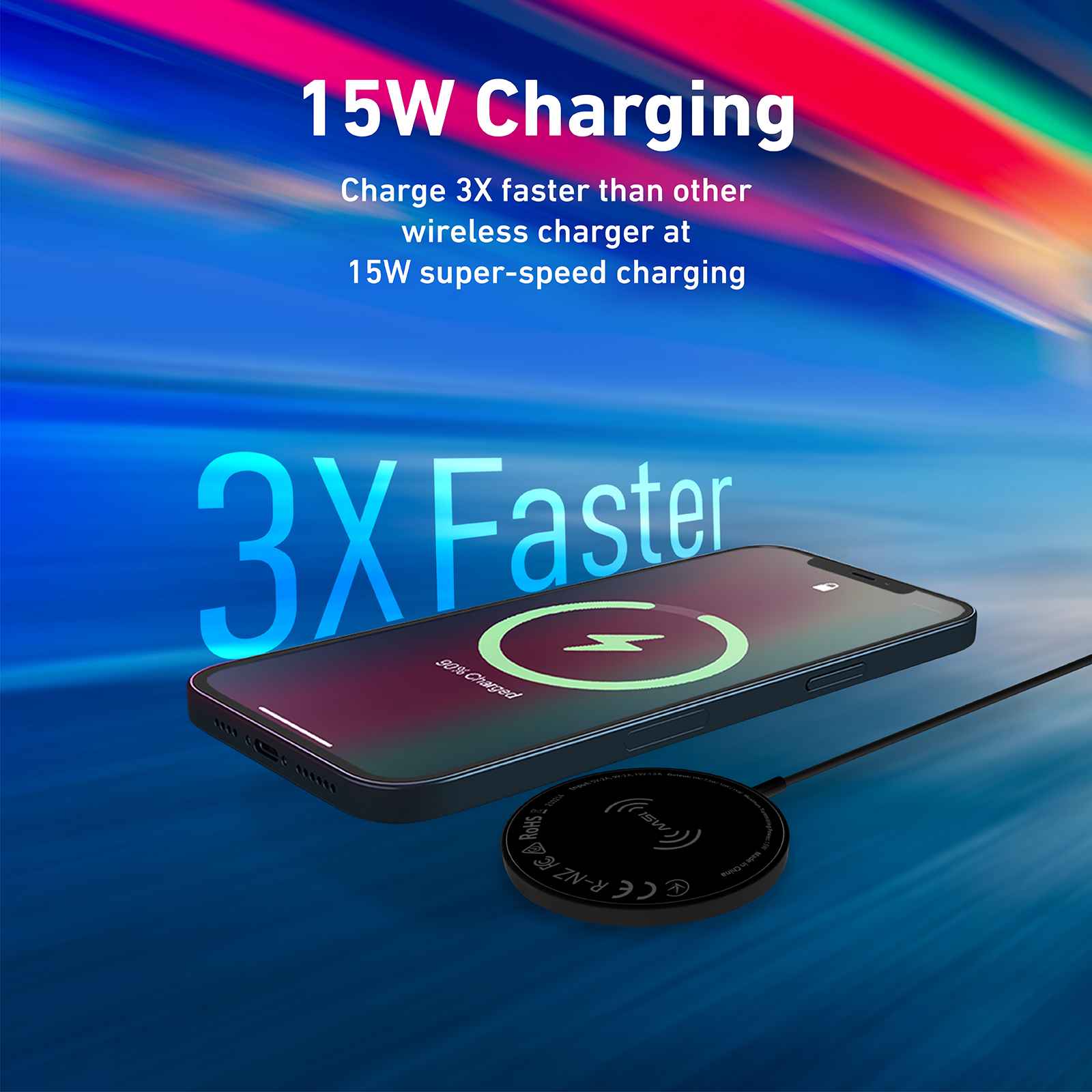 Teléfono cargando en un cargador inalámbrico. Texto: 15W Charging. 3X más rápido.