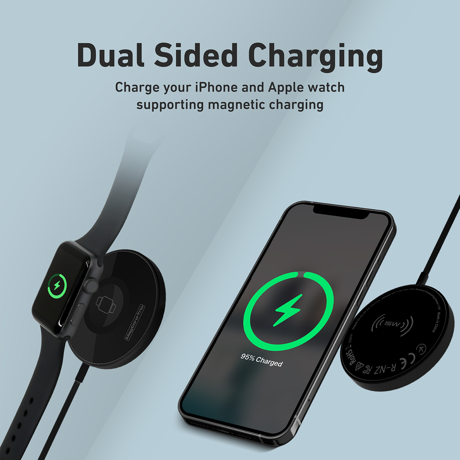 Configuración de carga de doble cara con un iPhone y un Apple Watch cargando en almohadillas negras.
