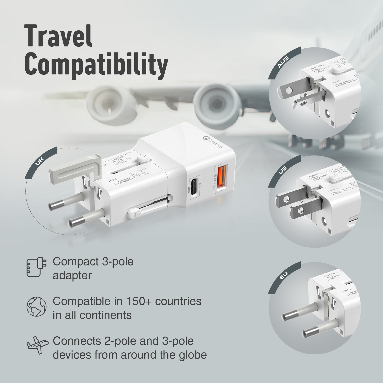 Adaptador de viaje blanco con múltiples configuraciones de enchufe y un puerto USB, con un avión al fondo.