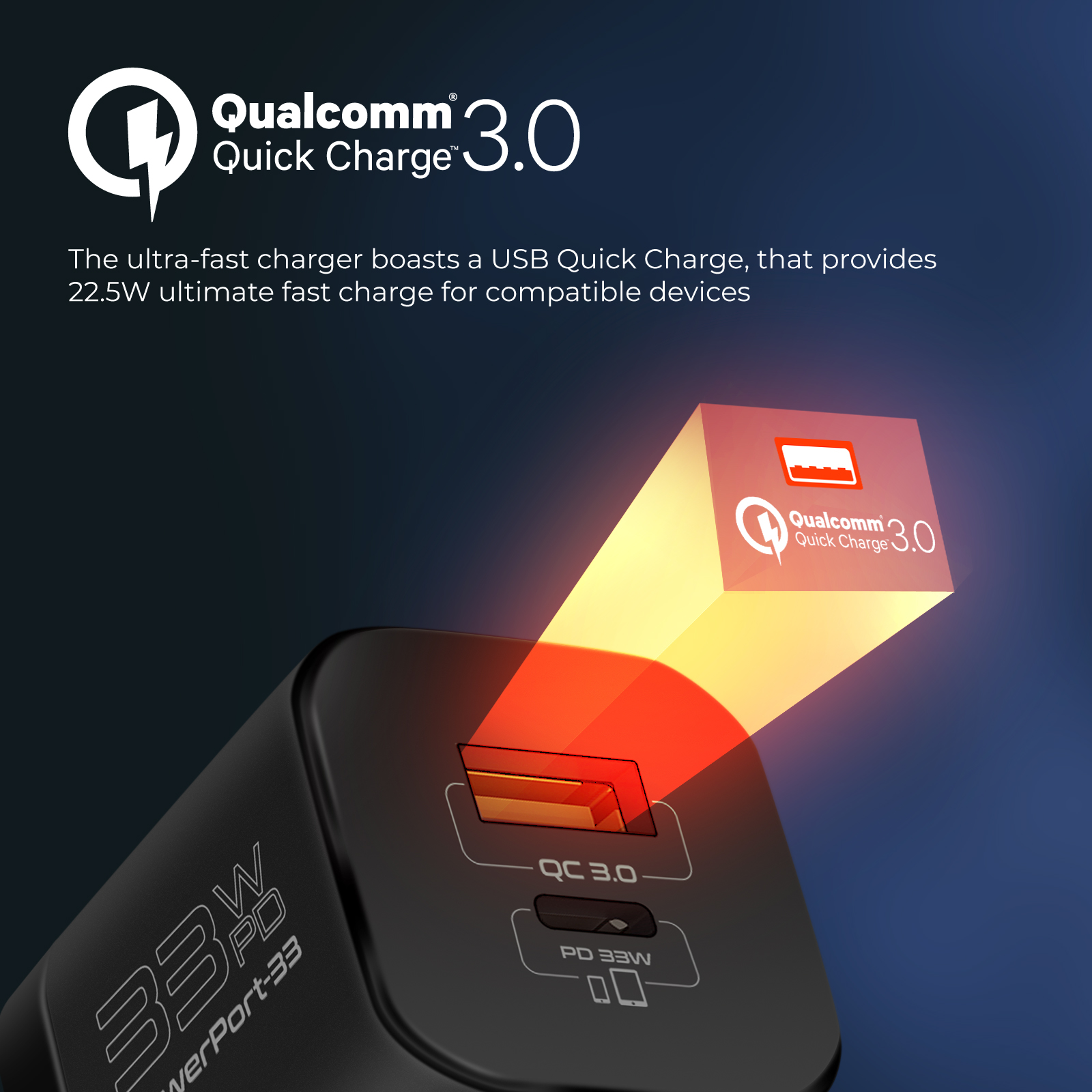 Cargador negro con el logo Quick Charge 3.0 brillante, emitiendo luz roja.