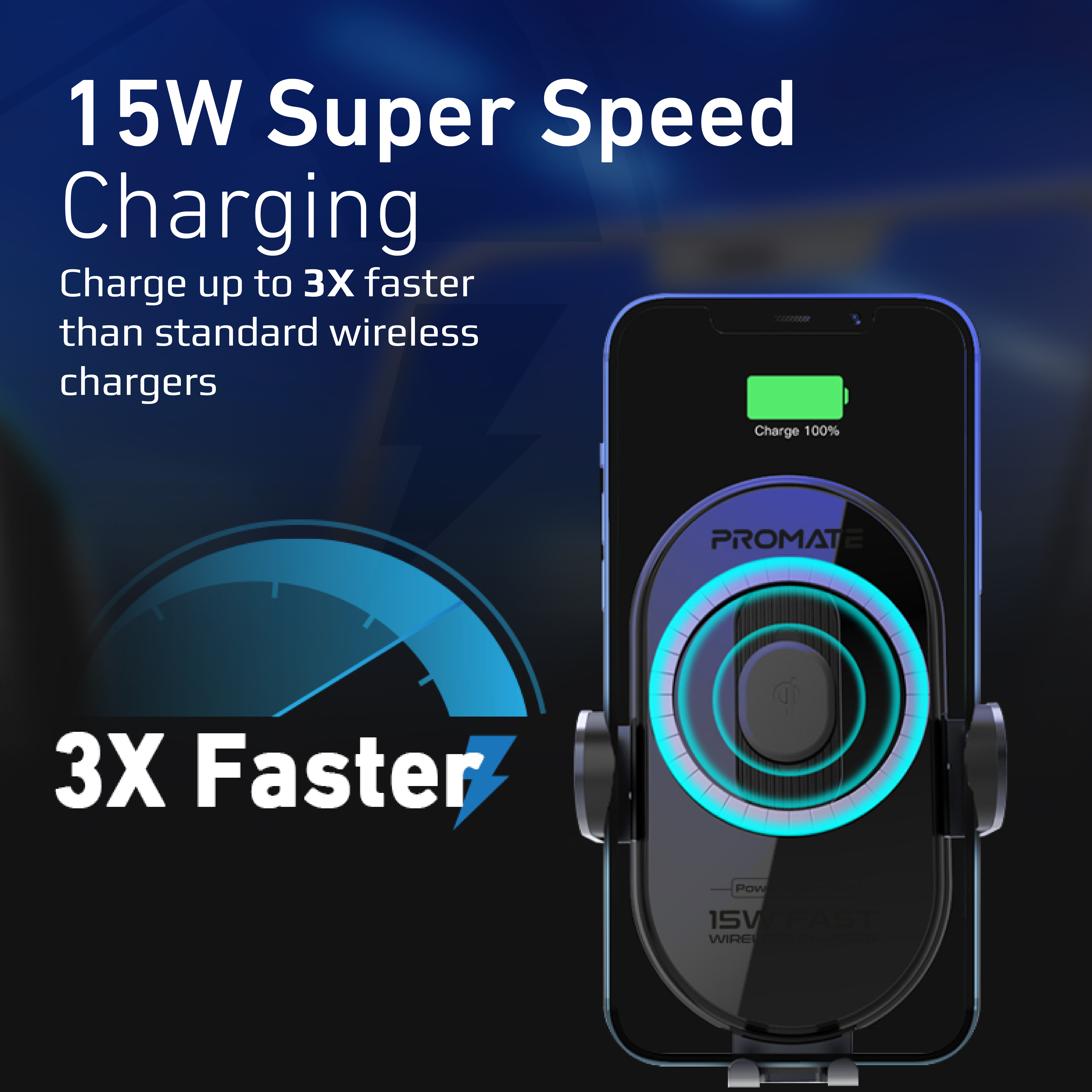 Imagen muestra un teléfono en un cargador inalámbrico, con texto destacando carga súper rápida de 15W.