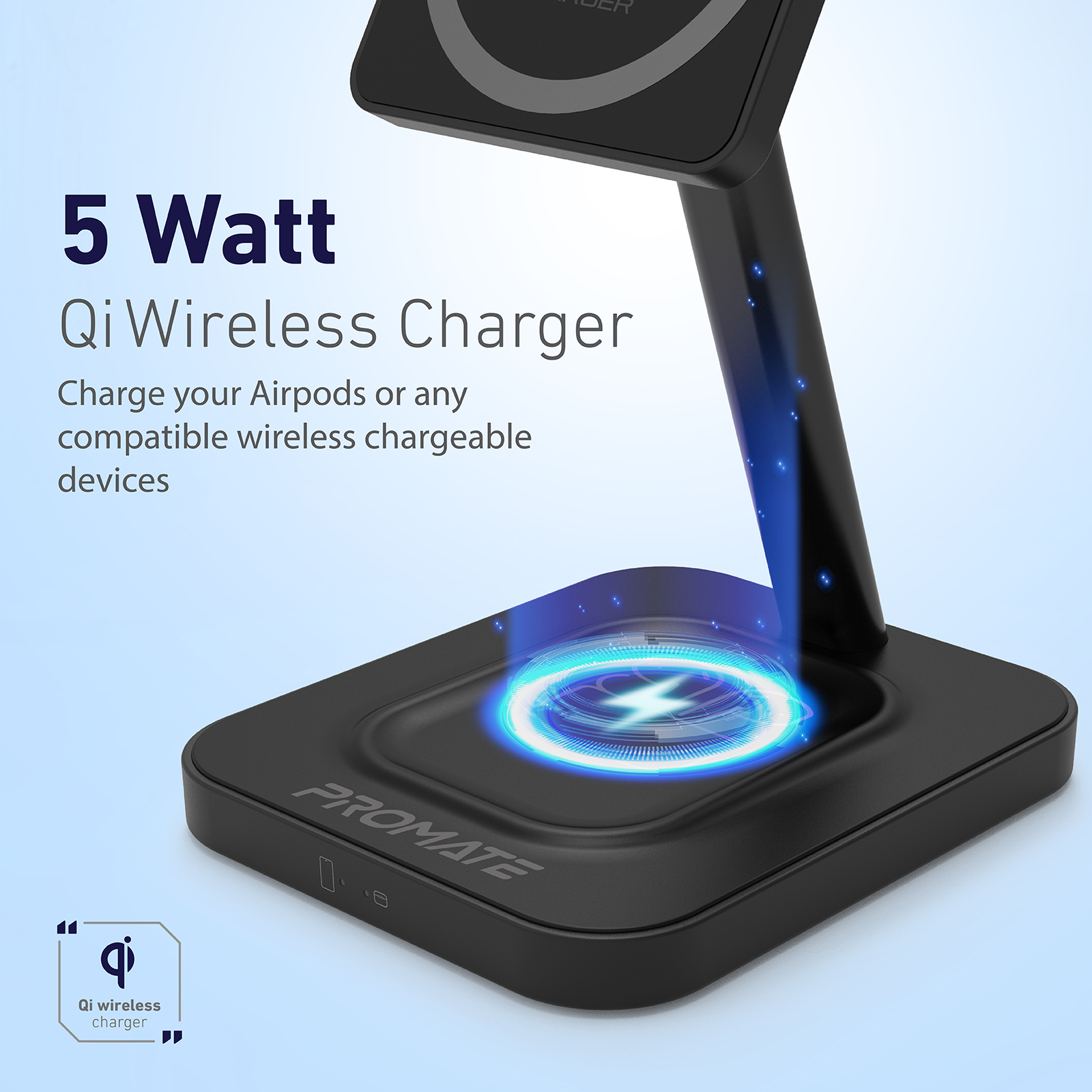 Cargador inalámbrico negro con un símbolo de carga. Tiene 'Promate' y '5 Watt' en el frente.