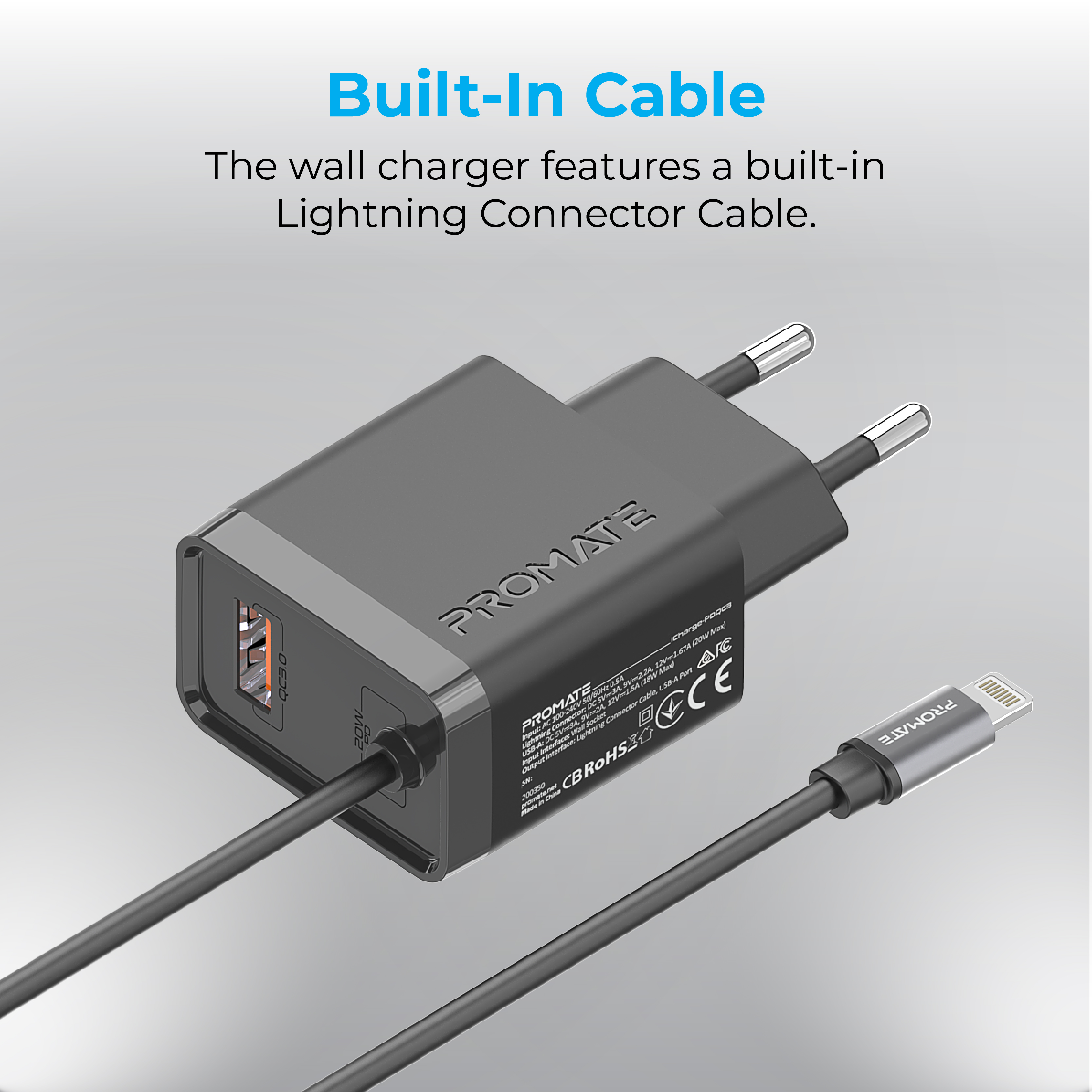 Un cargador Promate negro con cable y conector Lightning.