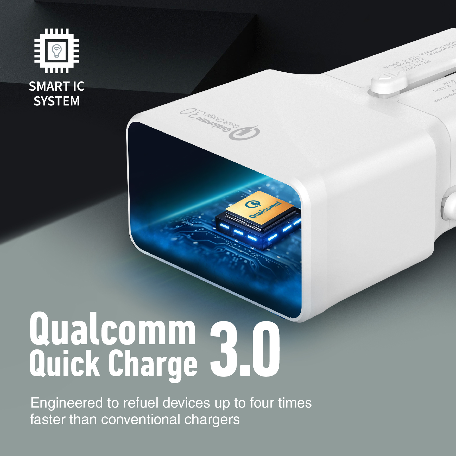 Cargador blanco con un gráfico de chip. Texto Qualcomm Quick Charge 3.0 visible.